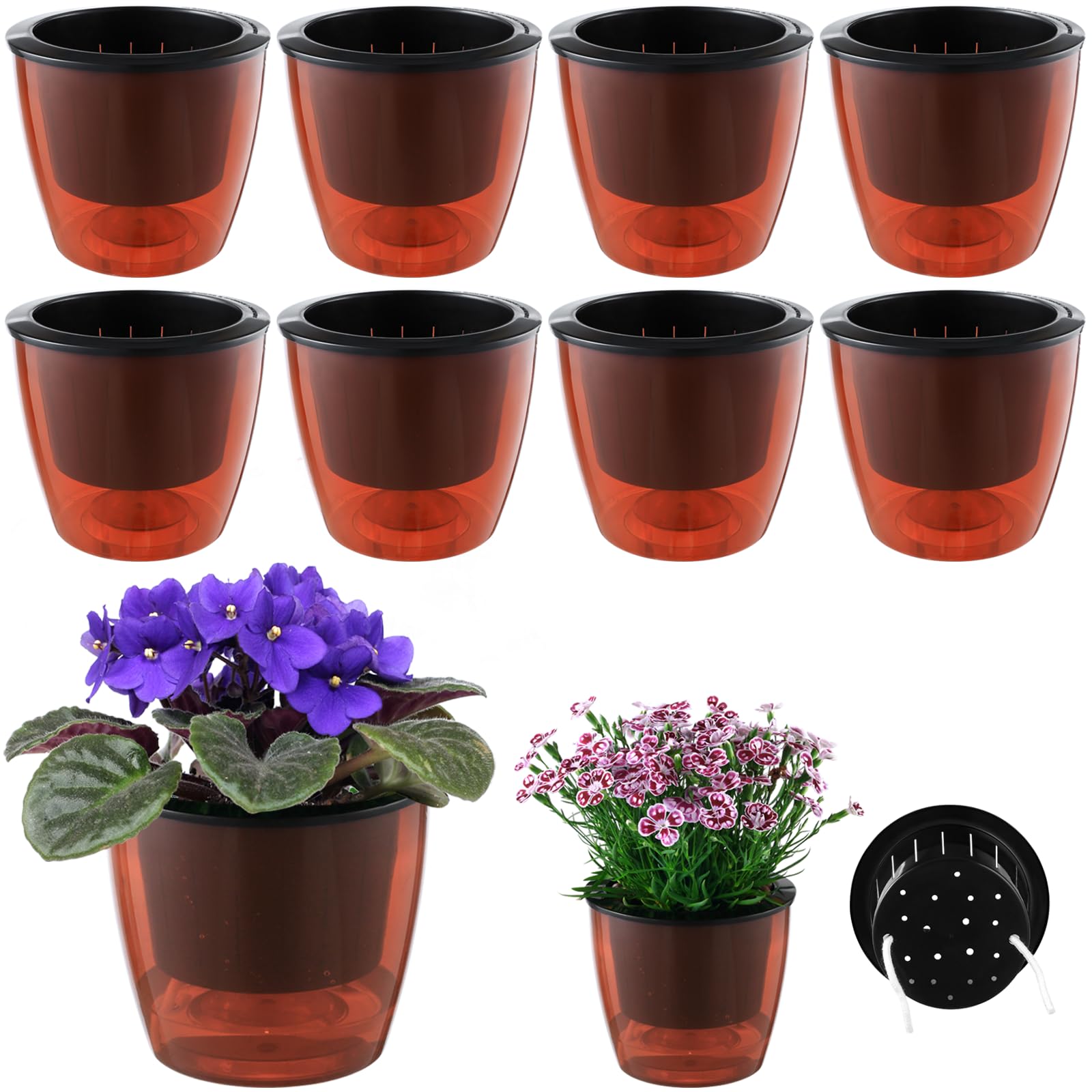 8 Packs 6.7" Large Clear Self Watering Pots for Indoor Plants Large Self-Watering Orchid Planters Plastic Wick Flower Pots for African Violet, Spider Plant, Herbs, Home Decor