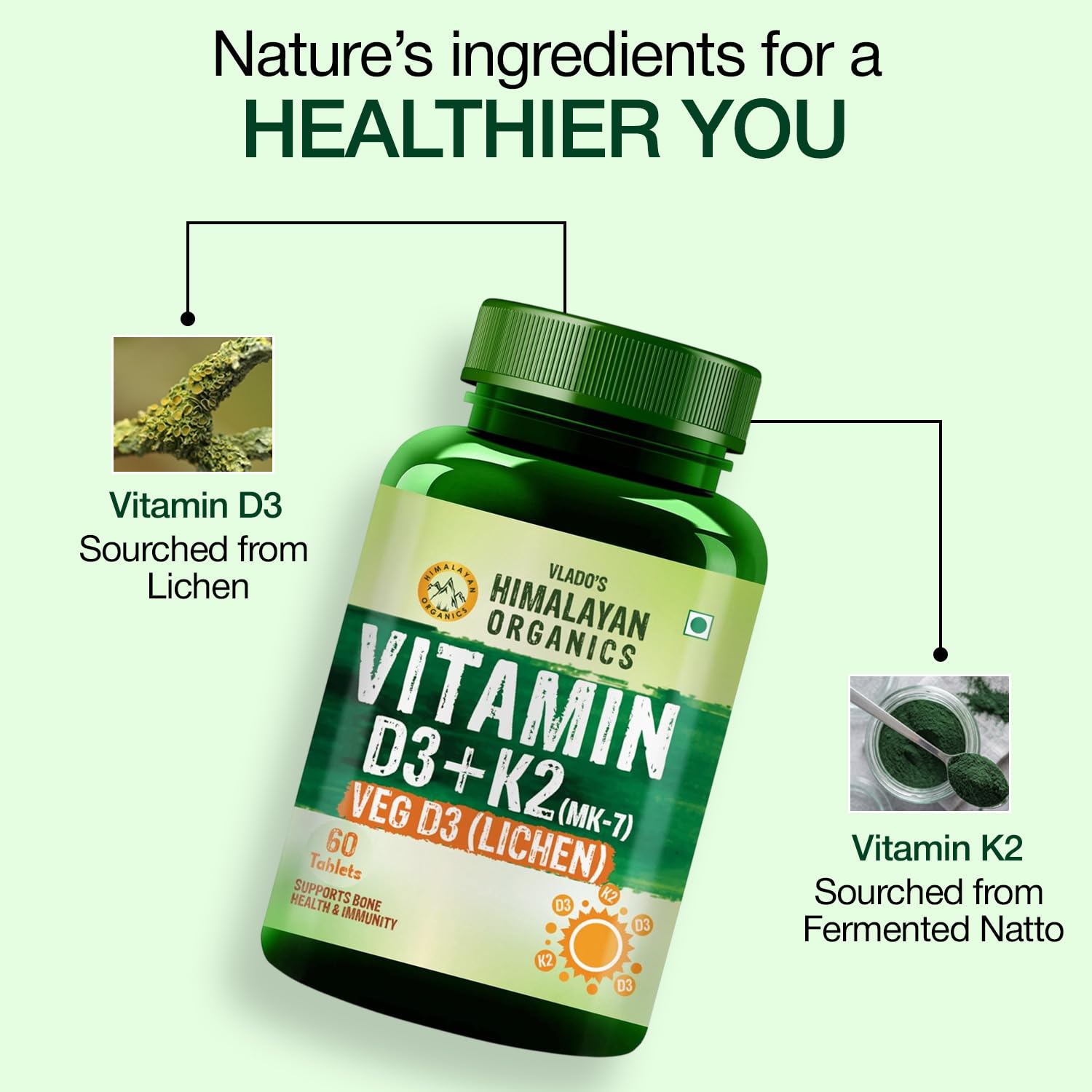 Vlado's Himalayan Organics Vitamin D3 K2 Tablets 600 IU with K2 MK7 55 mcg | Lichen Source Plant Based Vitamin D3 Supplement | Supports Bone Health, Calcium Absorption, Heart Health & Immunity | 60 Veg Tablets — Amazon image 5