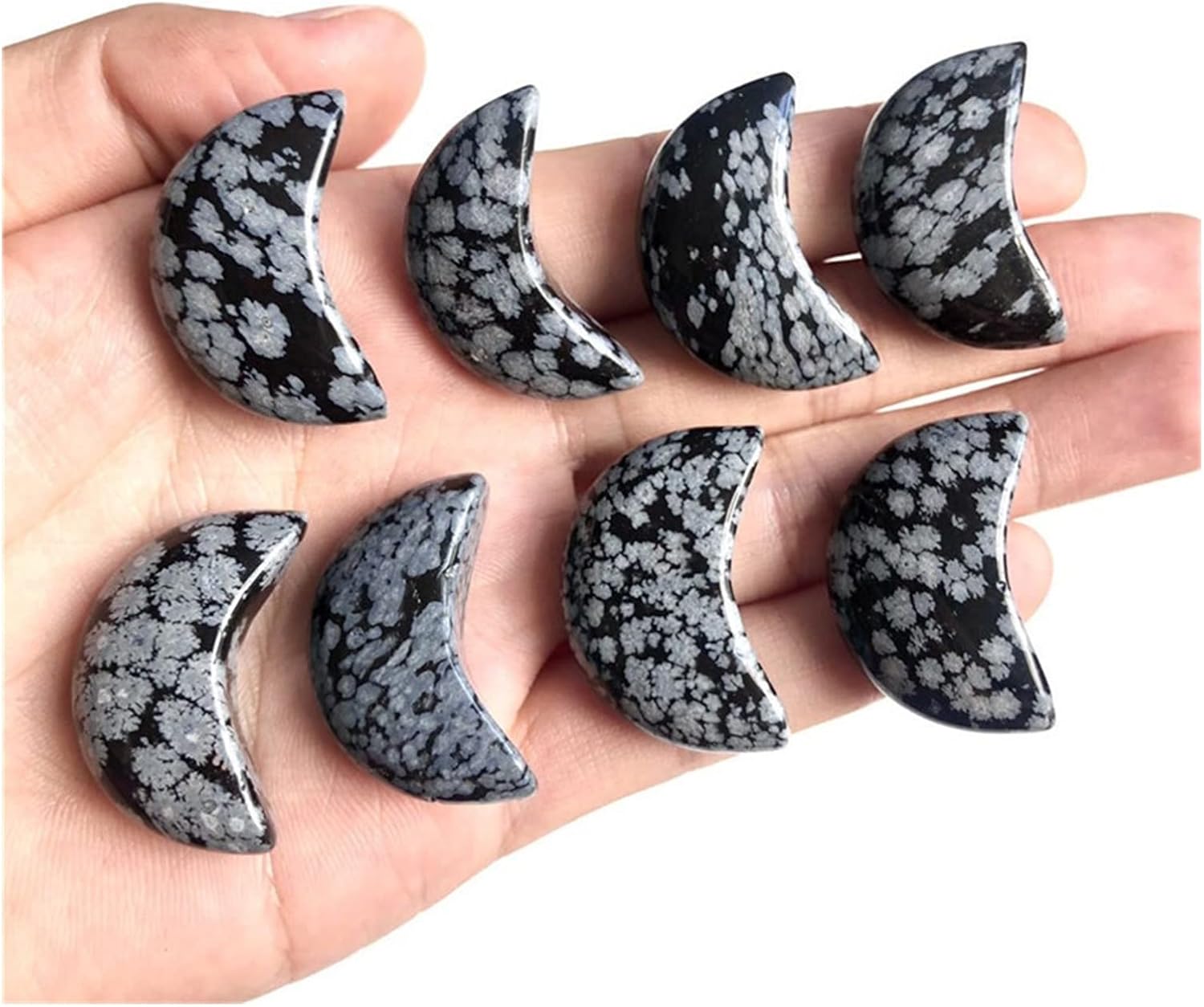 FIDEMM Natural Crystal Rough 1pcsNatural Black Snowflake Obsidian Quartz Crystal Moon Shaped Gemstone for Healing Crystals Minerals