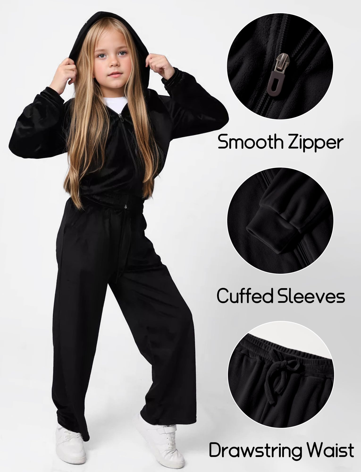 Happy Cherry Conjunto de chándal de terciopelo para niñas de 5 a 13 años con capucha y cremallera, pantalones deportivos de terciopelo suave
