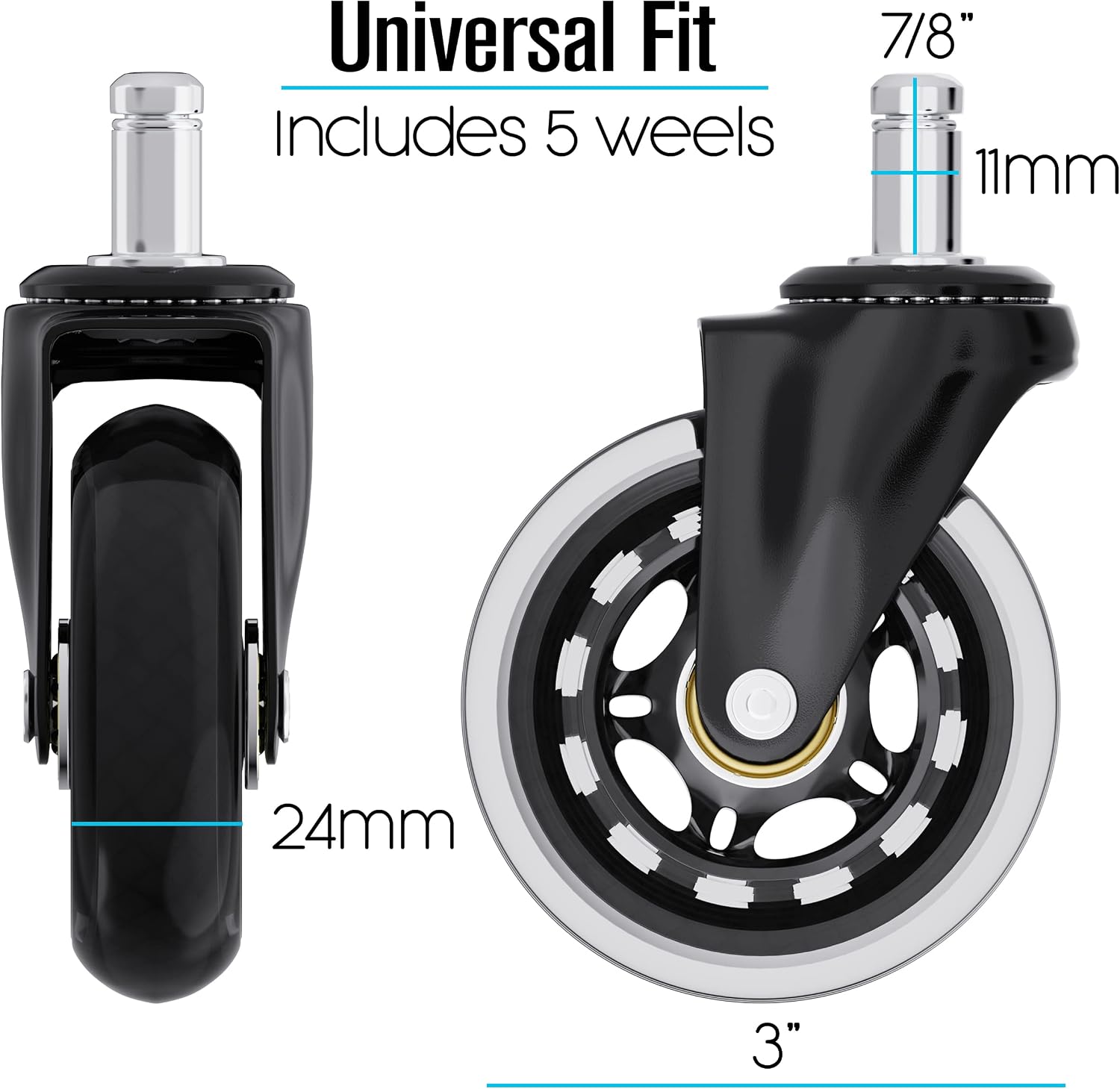 Houseables Office Chair Wheels, Rollerblade Casters, Roller Blade Wheel, 5 Pk, 3”, Rubber, Polyurethane, Rolling Chairs, Furniture Replacement Accessories, for Gaming, Desk, Hardwood Floors, Carpet