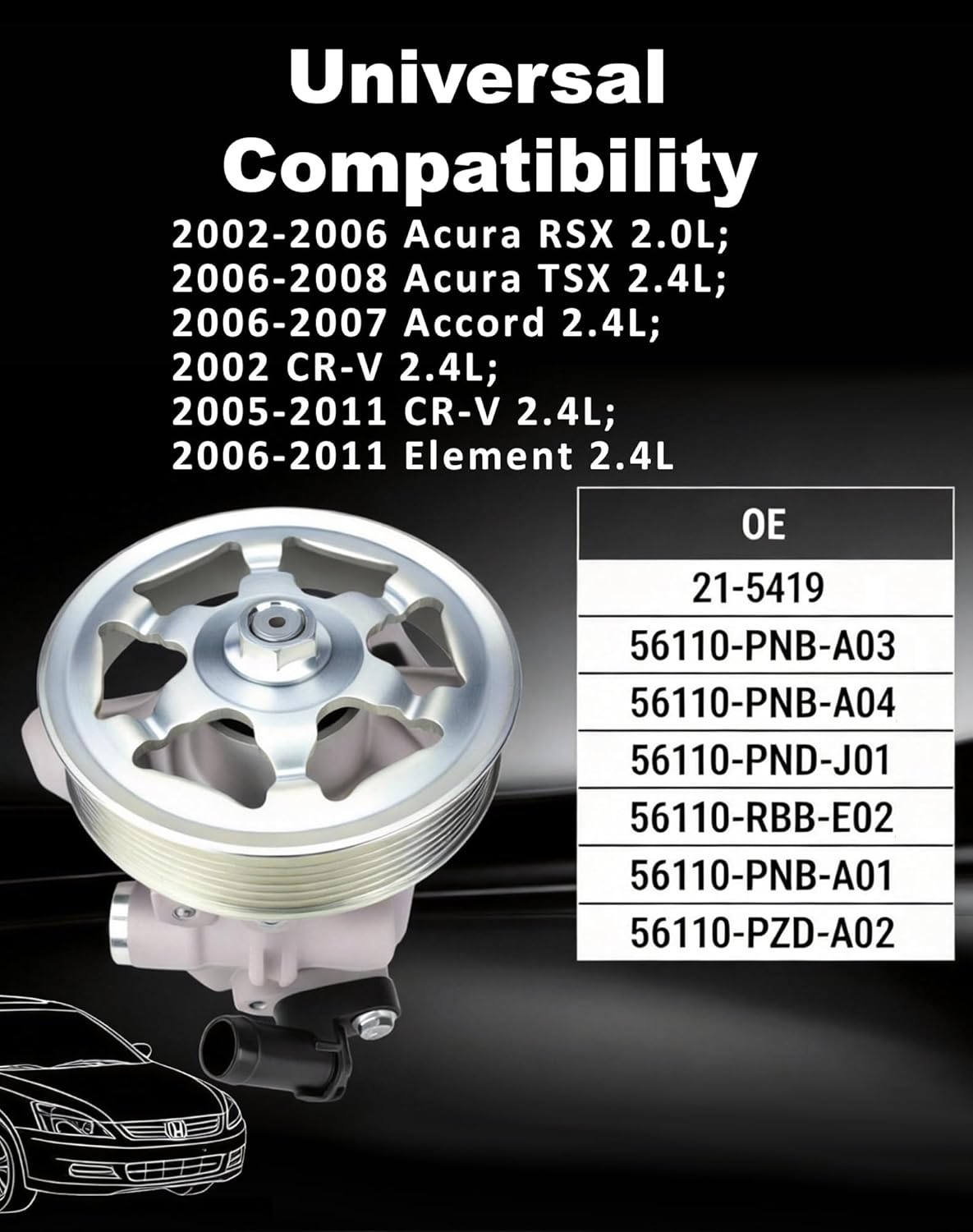 Flecto 21-5419 Power Steering Pump Compatible with Honda CR-V 2005-2011, Element 2006-2011, Accord 2006 2007, 2.4L, Acura RSX TSX, Power Assist Pump Replaces# 56110-PNB-A01