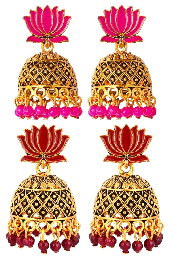 OnlyKing COMBO LOTUS Meenakari Jhumka Earrings for Women & Girls | Gold Color Oxidised Ethnic Floral Jhumki | Temple South Indian Style Ear rings Set | Stylish Trending Big Colorful Jhumkas (Avaiilabe in 6 Colors COMBO PACK) BEST LOTUS SELLER-image-13