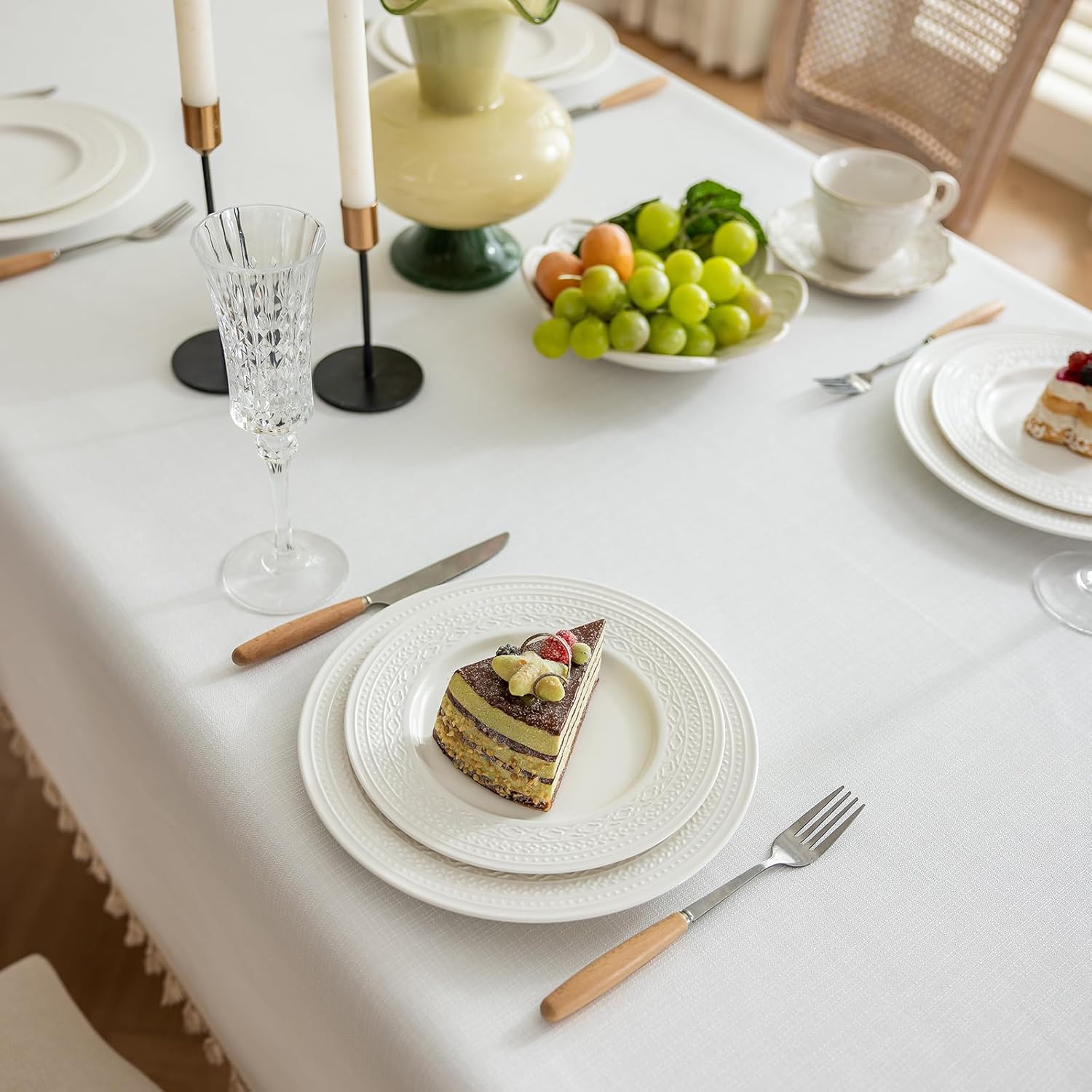 1 Pack Heavy Duty Cotton Tablecloth Soft Wrinkle Resistant Fabric with Decorative Tassles Fringe for Kitchen Dining Table, Natural White, 55x120 Inch