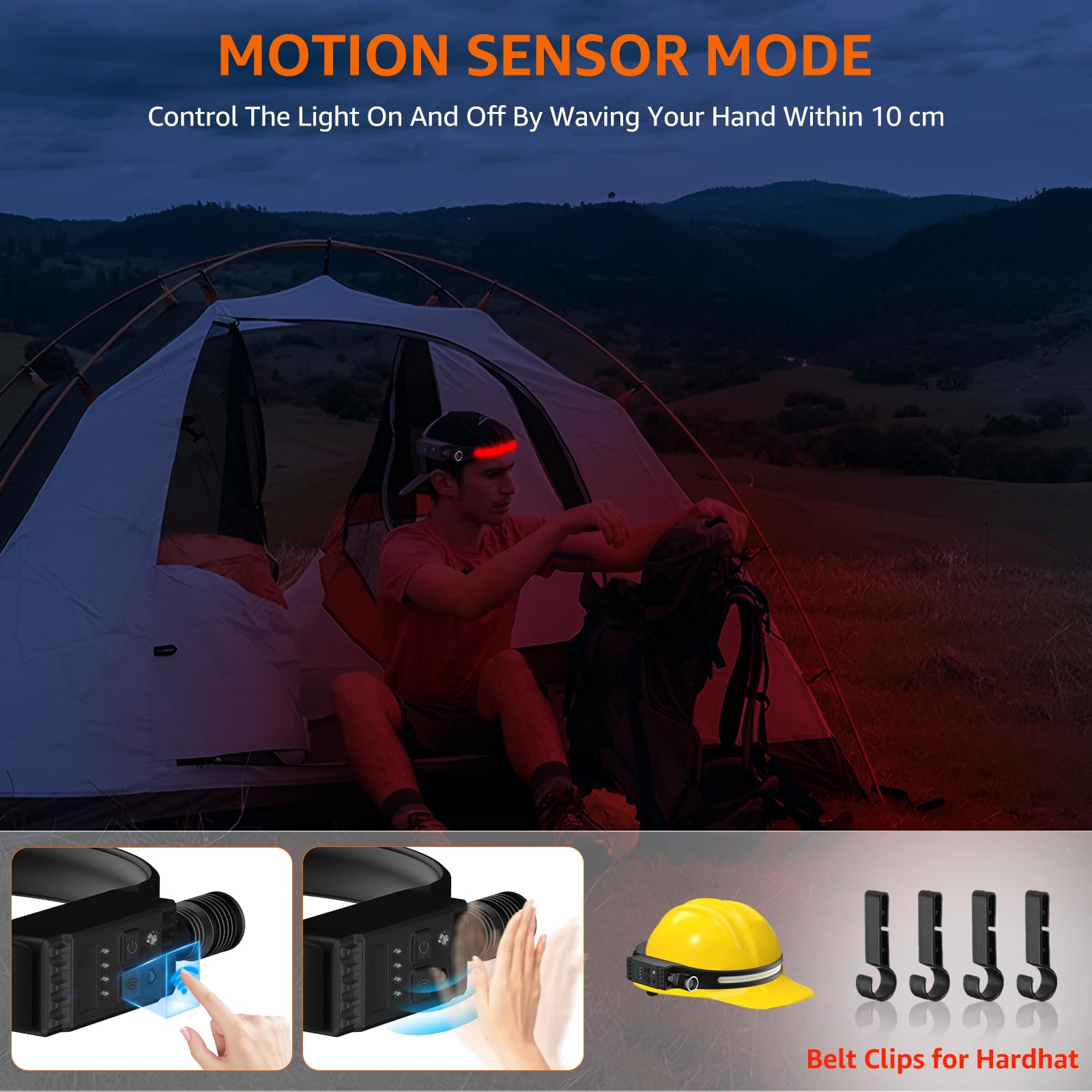 Linterna Frontal Recargable LED - Haz De 230°, Enfoque Ajustable, 7 Modos, Sensor De Movimiento, IPX6