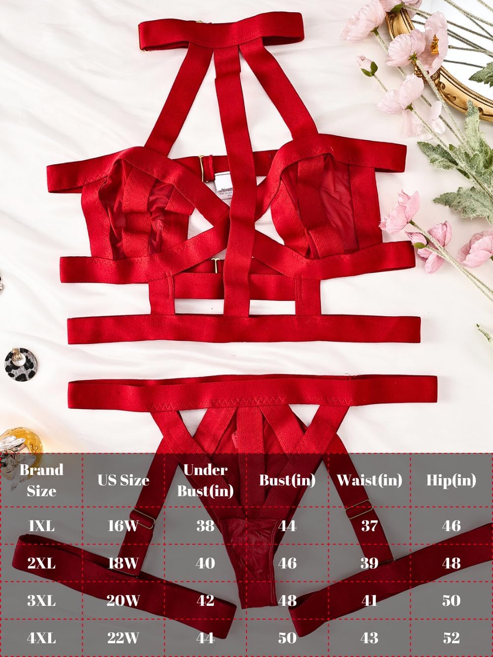 Curvy Lady's Strappy Lingerie For Women, Plus Size Exotic Garter Thong, BBW Halter Gifts For Him 3 Piece Set - Image 6