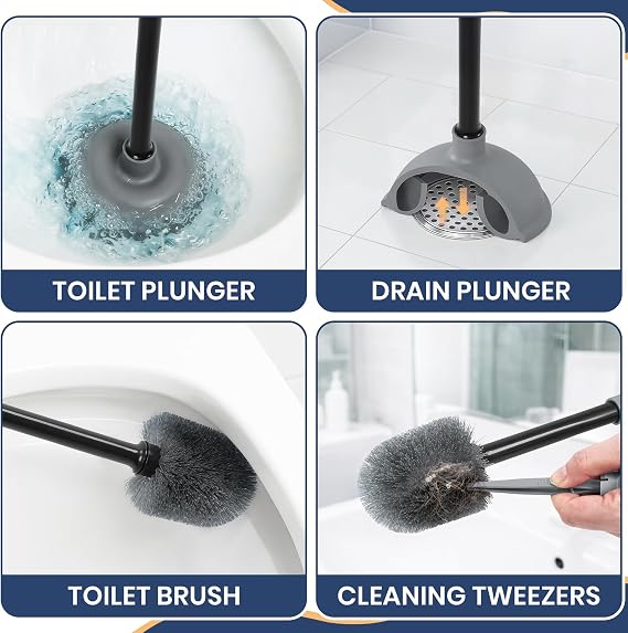 Toilet Bowl Brush and Plunger Set with Toilet Cleaner Brushes and Heavy Duty Plunger Long Handle for Essential Bathroom Scrubber Cleaning