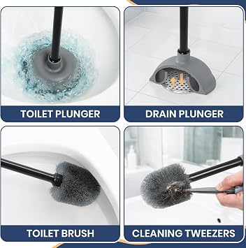 Toilet Bowl Brush and Plunger Set with Toilet Cleaner Brushes and Heavy Duty Plunger Long Handle for Essential Bathroom Scrubber Cleaning