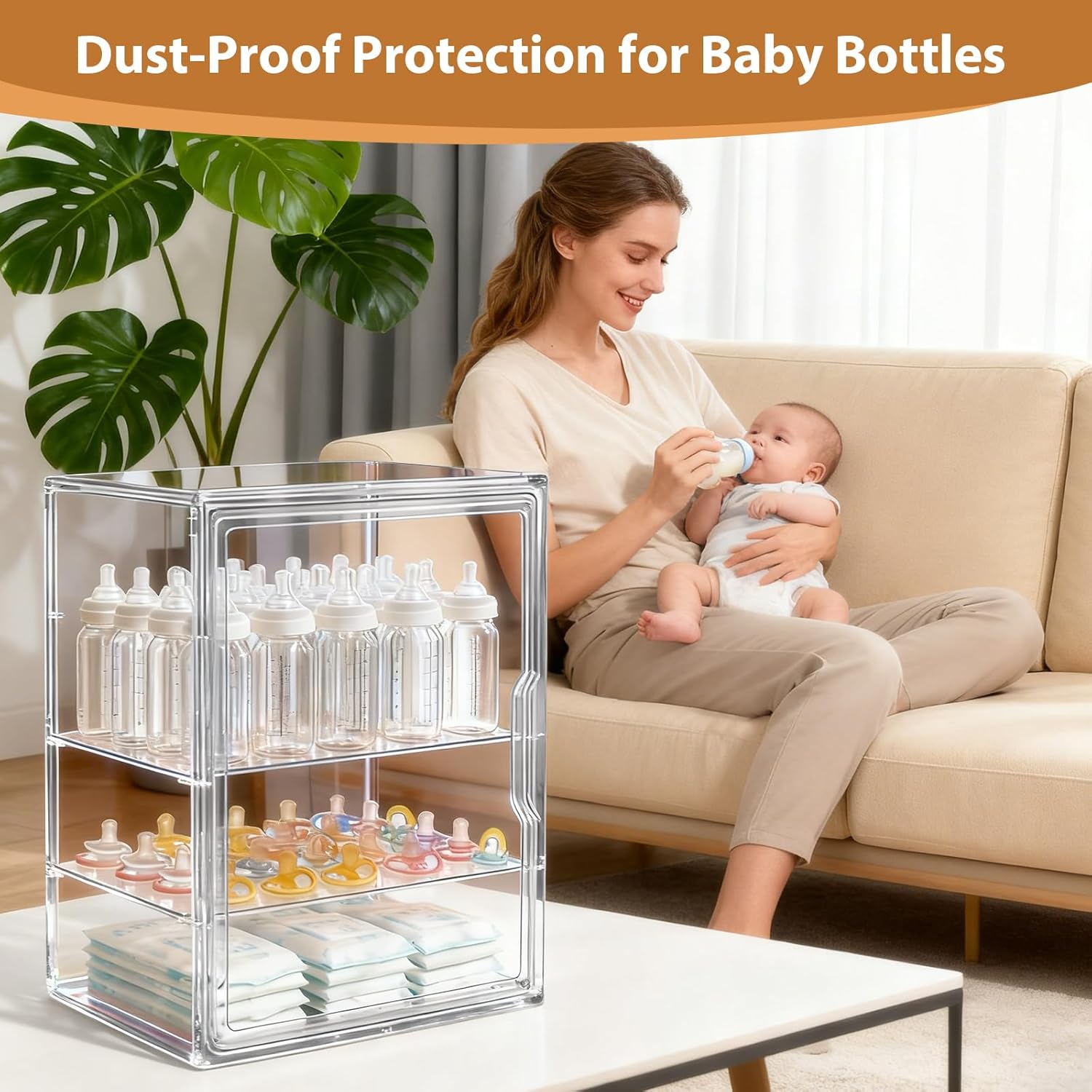 Baby Bottle Storage Organizer for Countertop Cabinet, 3-Tier Adjustable Clear Acrylic Bottle Organizer with 2 Removable Dividers & Magnetic Door, Large Capacity Organizer for Countertop