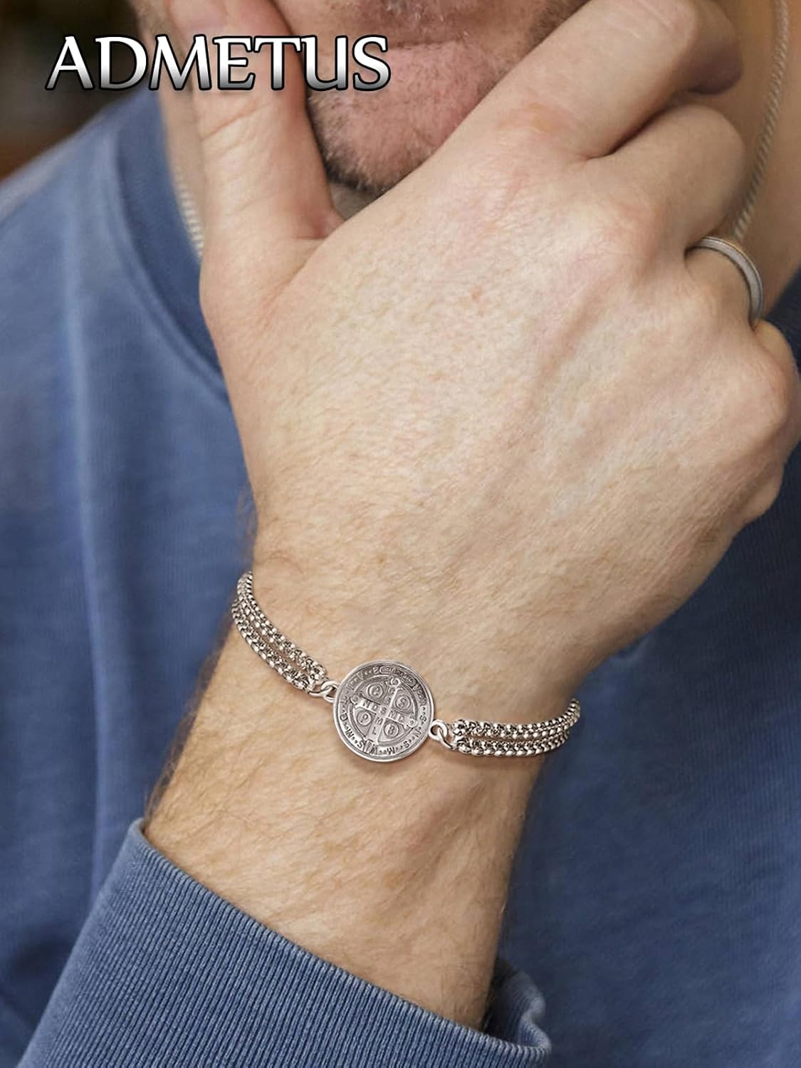 ADMETUS 925 Sterling Silver Patron Saint Bracelets | Amulet Protection Jewelry for Men with Double 7"+2" Rolo Chain - Image 3