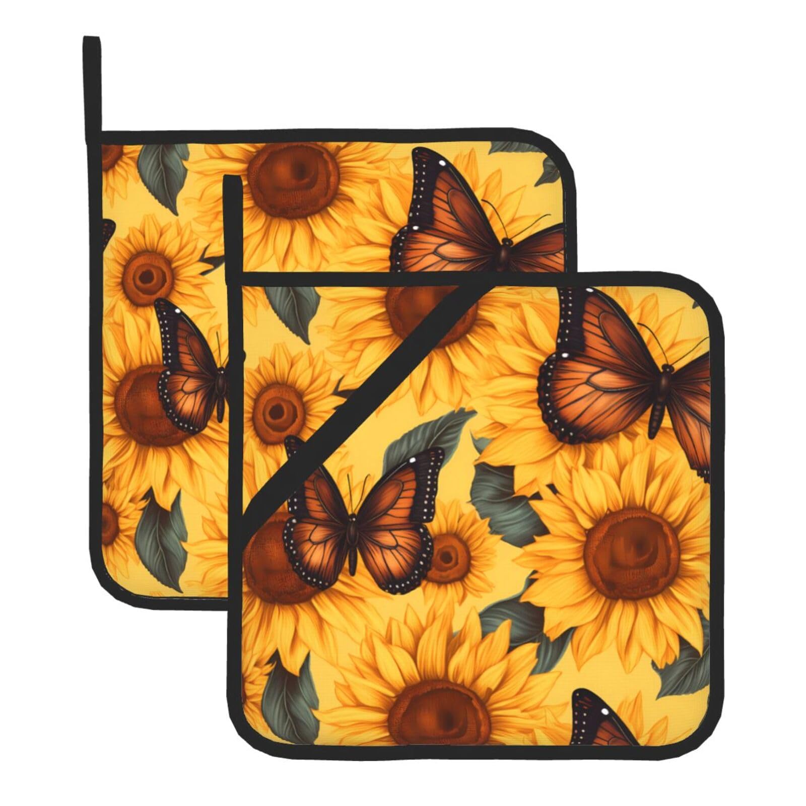 HJFCZH Sunflower Butterfly Printed Square Insulated Pot Mat Set (2-Piece) 8x8in Waterproof, Thickened & Easy to Clean with Lanyard Design for Kitchen, Oven & BBQ