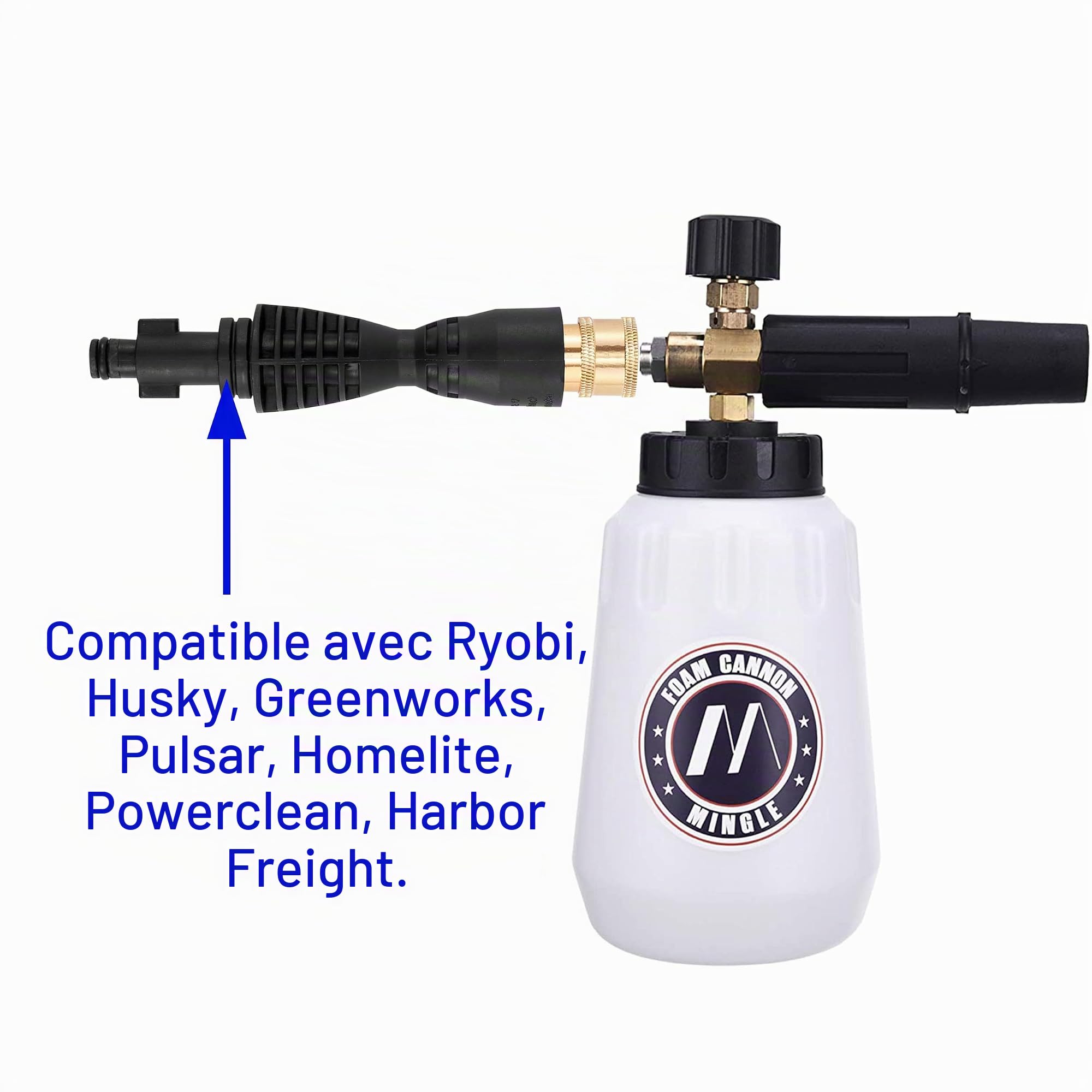 M MINGLE Canon à Mousse, Compatible Portland Husky et Ryobi Haute Pression | Pistolet à Mousse Réglable 1 Litre, 5 Buses et Adaptateur, Raccord Rapide 1/4", pour Nettoyer Voitures, Motos, Allées, 210bar