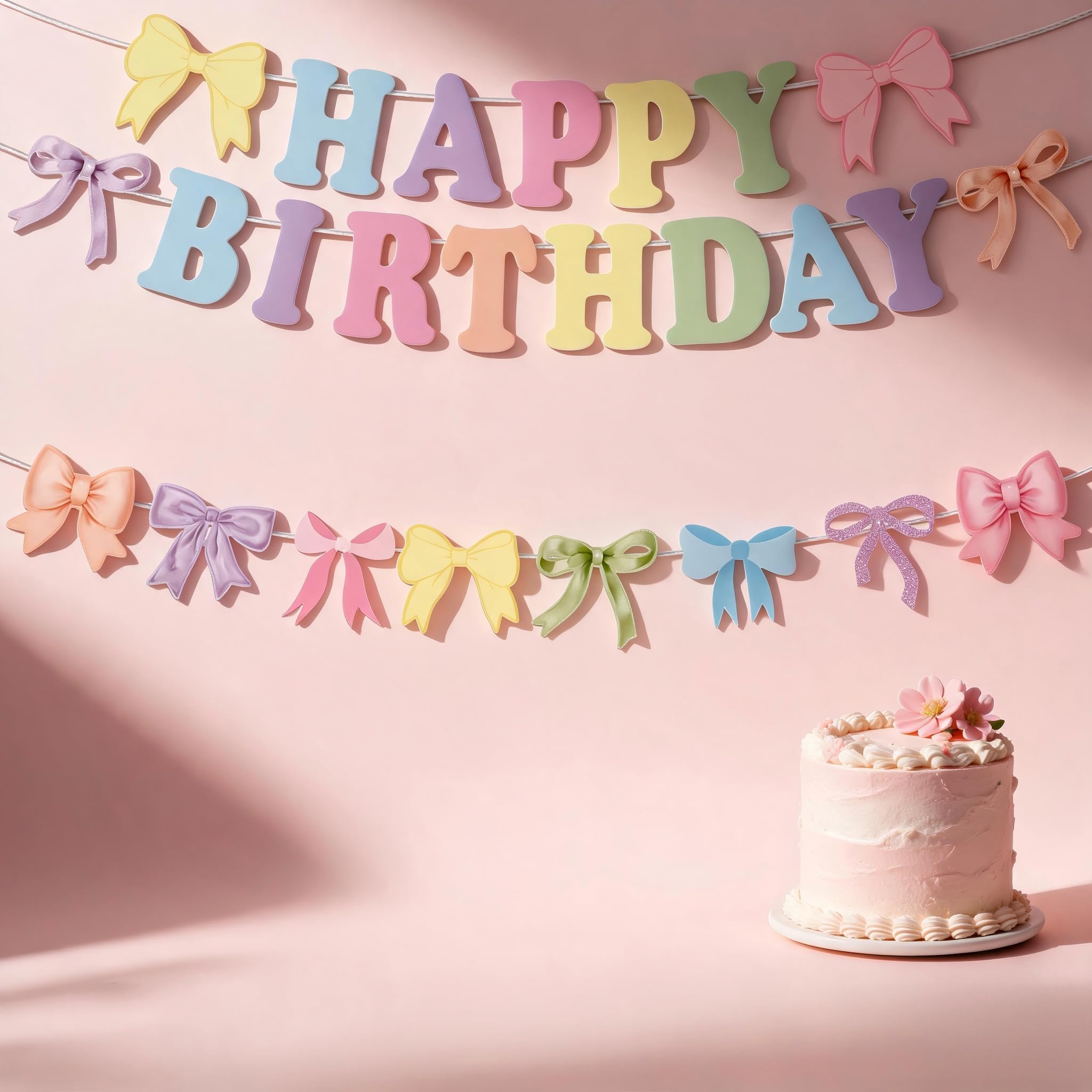Happy Birthday Banner Pastel with Bow Set- 2 m Reusable Birthday Party Decor ations for Women, Elegant Home Decor, Easy to Hang & Fold able Banner for Birthday Party Supplies