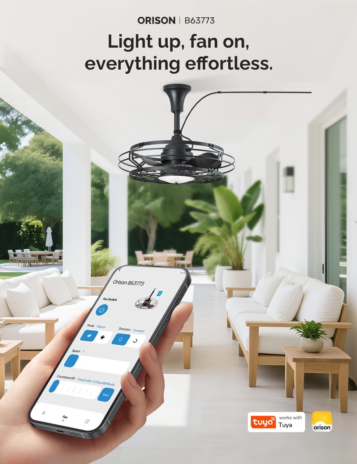 Orison Outdoor Ceiling Fan with Light, 21 Gazebo Fans Outdoor Hanging, Plug in Ceiling Fan for Pergolas Canopy Patio, Waterproof Outdoor Fans with Remote/APP Control, Wet Rated