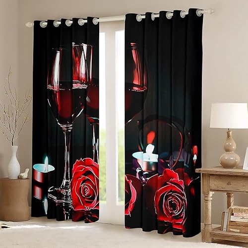 Miniatura 2 de Cortinas opacas de copa de vino rosa para sala de estar, cortinas de torre Eiffel, cortinas florales de rosas rojas y negras, cortinas de