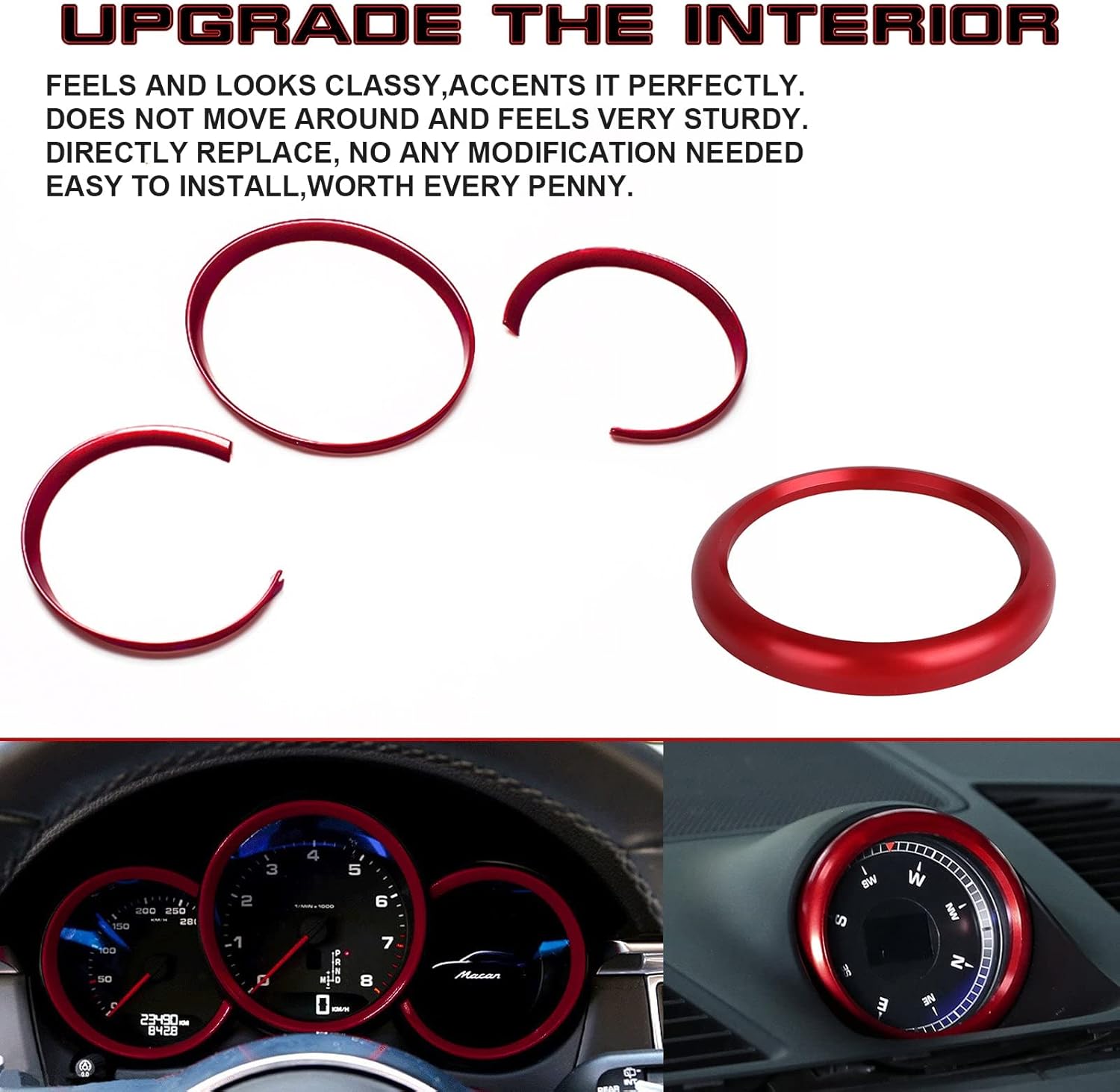 x xotic tech Dashboard Gauge Meter Instrument Frame Dash Clock Ring Trim Covers Compatible with Porsche Macan 2015-up, 718 Cayman Boxster 2016-2018 (Red) - 4PCS