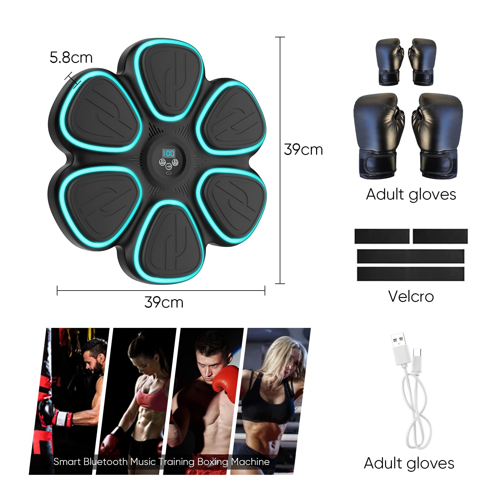 Music Boxing Machine, Bluetooth Elektronische Boxmaschine mit 2 Paar Boxhandschuhen, 9 Geschwindigkeits und Trainingsmodi, Zählmodus, LED Licht Musikboxing Maschine für Erwachsene und Kinder (Schwarz)