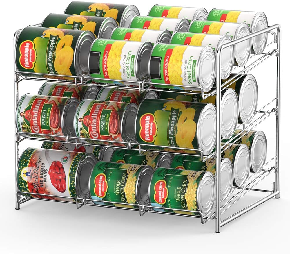 Can Organizer Stackable Can Storage Dispenser Rack 3 Tier Holds up 36 Cans Rotates First in First Out for Kitchen Cabinet or Pantry, Chrome Finish