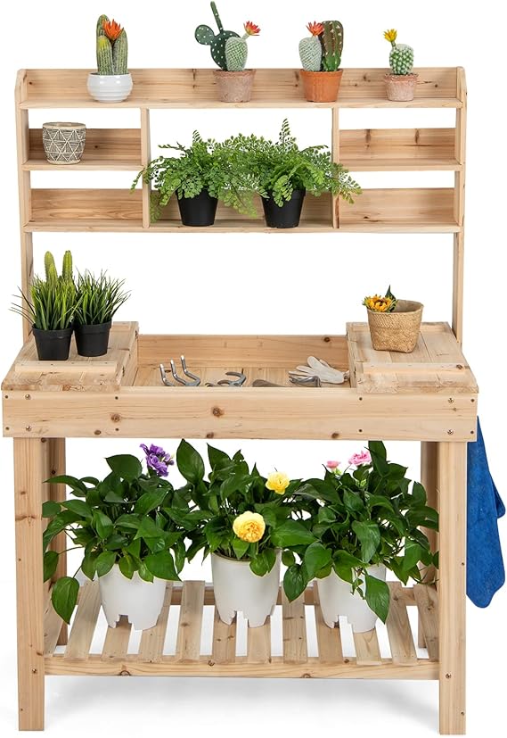 HAPPYGRILL Potting Bench Table, 60.5” Wood Workstation