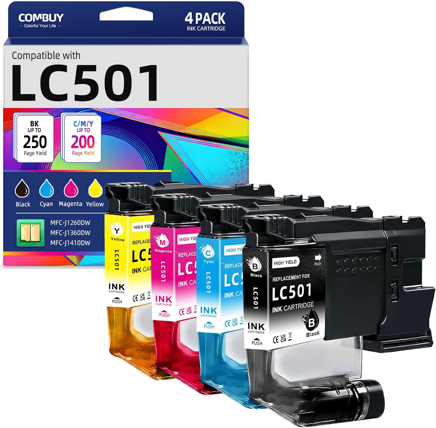 COMBUY LC501 Ink Cartridges 4-Pack Compatible for Brother LC501 LC 501 LC501XL Ink Cartridges LC501BK LC501C LC501M LC501Y use with Brother MFCJ1360dw MFC-J1360DW MFC-J1260DW MFC-J1410DW Printers