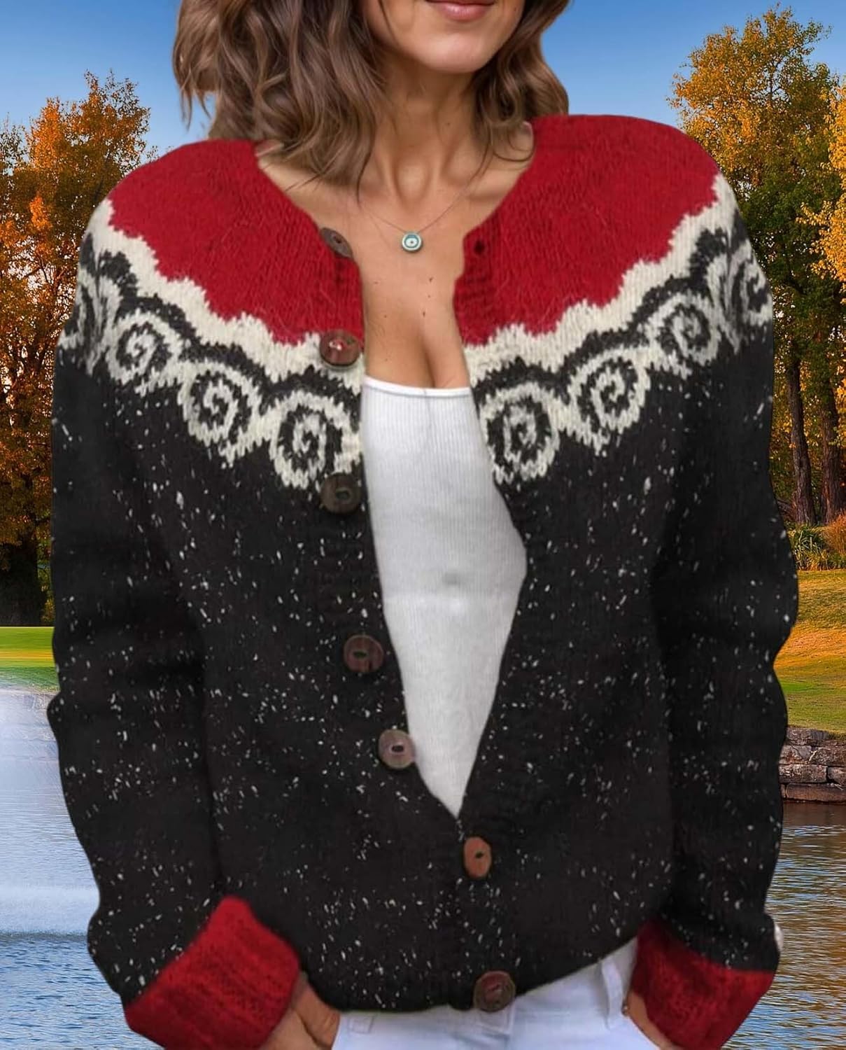 Women's Fair Isle Pattern Knit Cardigan Sweater Vintage Button Down Open Front Jacket Coat for Fall & Winter 2025 - Image 5