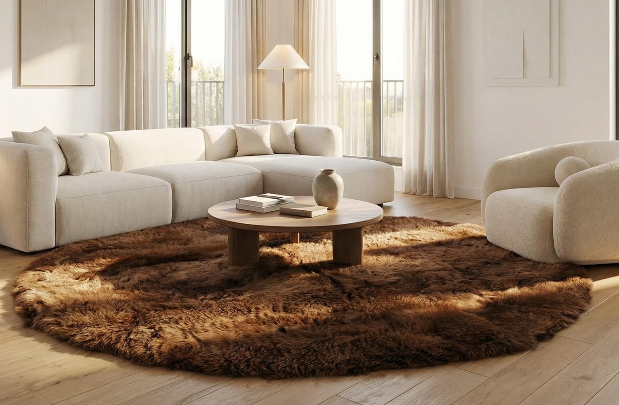 Kuhfelle Online & Nomad RUNDER LAMMFELL Teppich BRAUN Natur 120 cm Ø RUND Fell Teppich BRAUN Natur AUS BRITISCHEN LAMMFELLEN (120 cm)