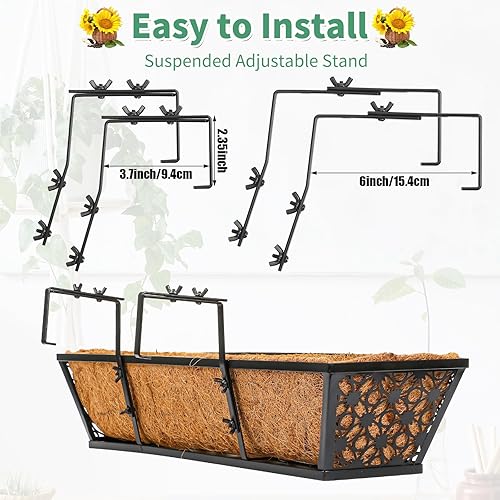 Miniatura 3 de Potchen Maceteros de 24 pulgadas con barandilla para ventana con forro de coco, macetas de metal negro para colgar flores para interiores y