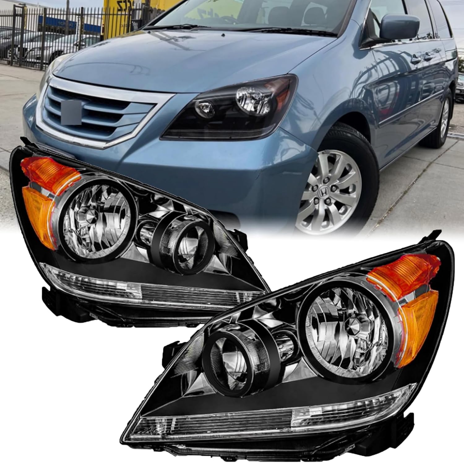 Headlights Fit for 2005-2010 Honda Odyssey Pair of Projection Headlamp Replacement Parts Black Trim Frame Amber Reflector LH+RH