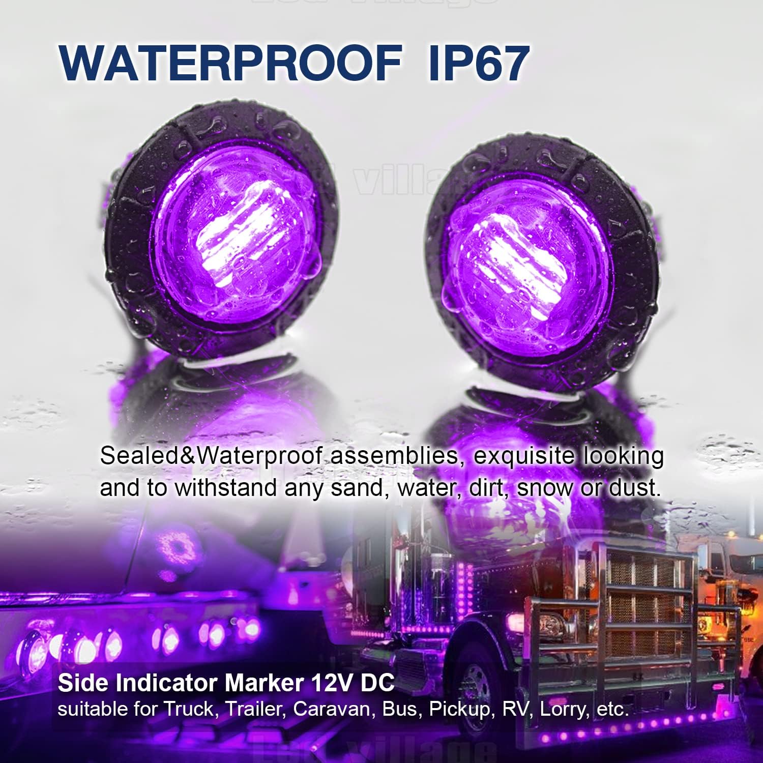 50 Pcs Mini Round Bullet 3/4 Inch Purple LED for Trailer Truck RV Clearance Side Marker Lights w/Grommet 12V DC