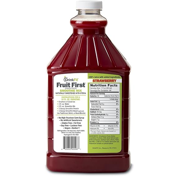 DrinkFit Fruit Smoothie | Real Fruit Puree, Low Sugar, Gluten-Free & Non-GMO, Strawberry Smoothie Mix - Makes 32 Smoothies, 64 Fl Oz