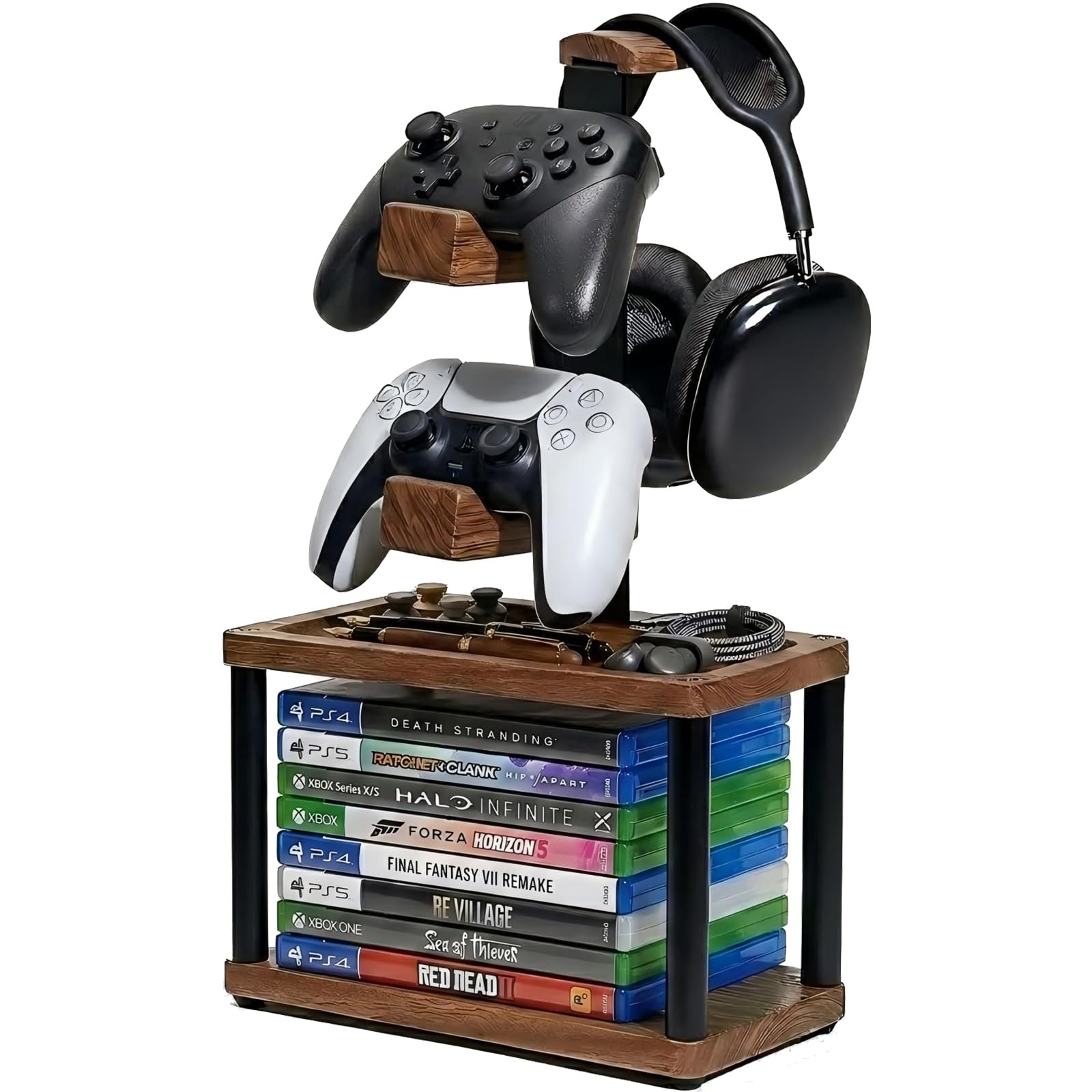 Best Solid Wood Headphone Stand & Controller Holder with Video Game Storage Base