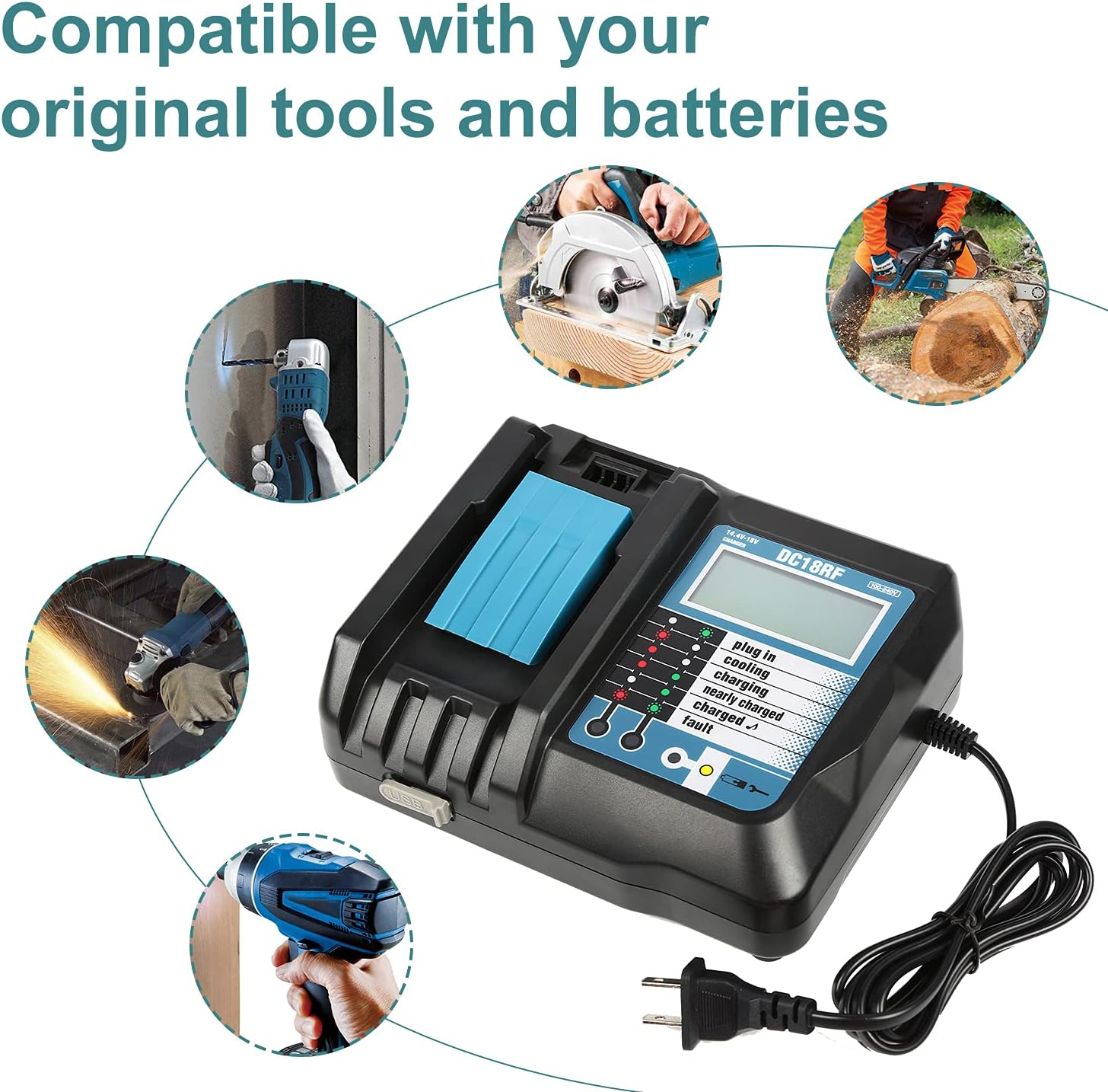 DC18RF Fast Charger Compatible with Makita 18V Battery, Replacement for Makita 18v Charger with LCD Display & USB Port, Fits 14.4V/18V Lithium-Ion Batteries BL1815 BL1830 BL1850 BL1860 - Image 6