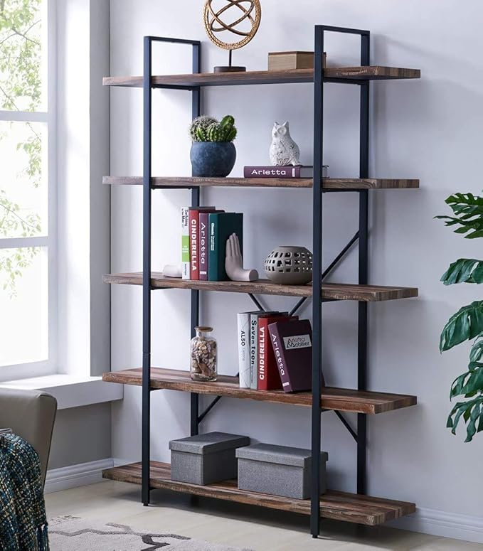 IHOMDEC 5Tier Bookcase, Vintage Industrial Wood and Metal Bookshelves