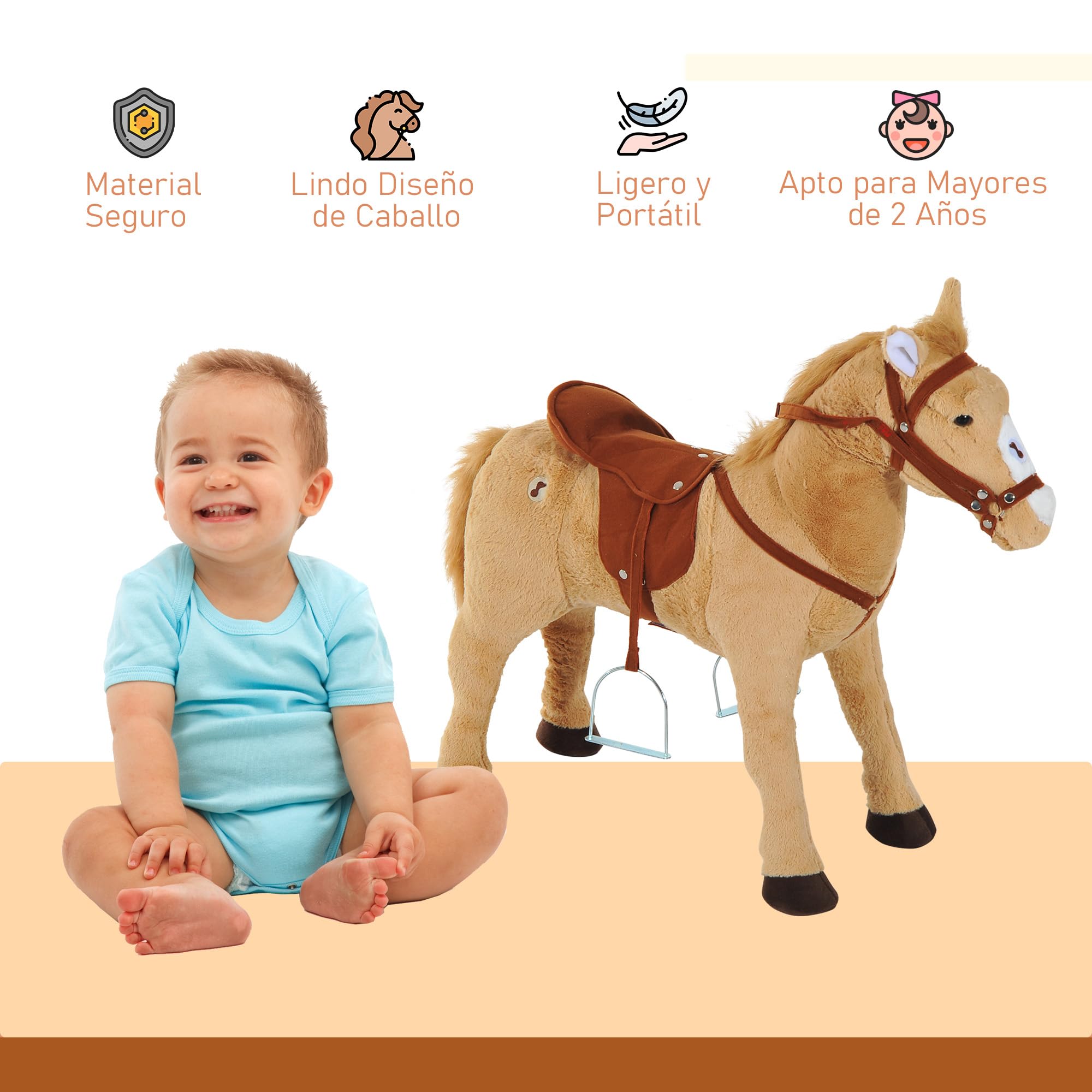HOMCOM Caballo de Juguete para Niños de +2 Años Caballo de Juguete con Sonidos y Estructura de Metal Carga 60kg 85x28x60 cm Beige