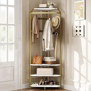 GarveeHome Corner Coat Rack with Shoe Bench Entryway, Corner Hall Tree with 6 Double Hooks, Clothes Rack with Storage Hall Tree with Organizer Shoe Bench Shelf (Gold 02, 20 * 20 * 71 inch)