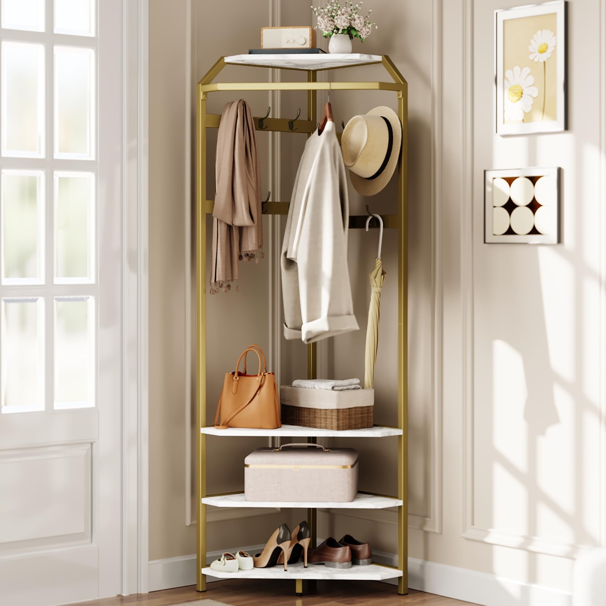 Aptliton Corner Hall Tree Coat Rack with 4-Tier Shelves & Shoe Bench, Freestanding Entryway Organiser with 12 Double Hooks, Hanging Rod and Shelf, Hallway Storage for Bedroom Closet, Gold,50x50x180cm