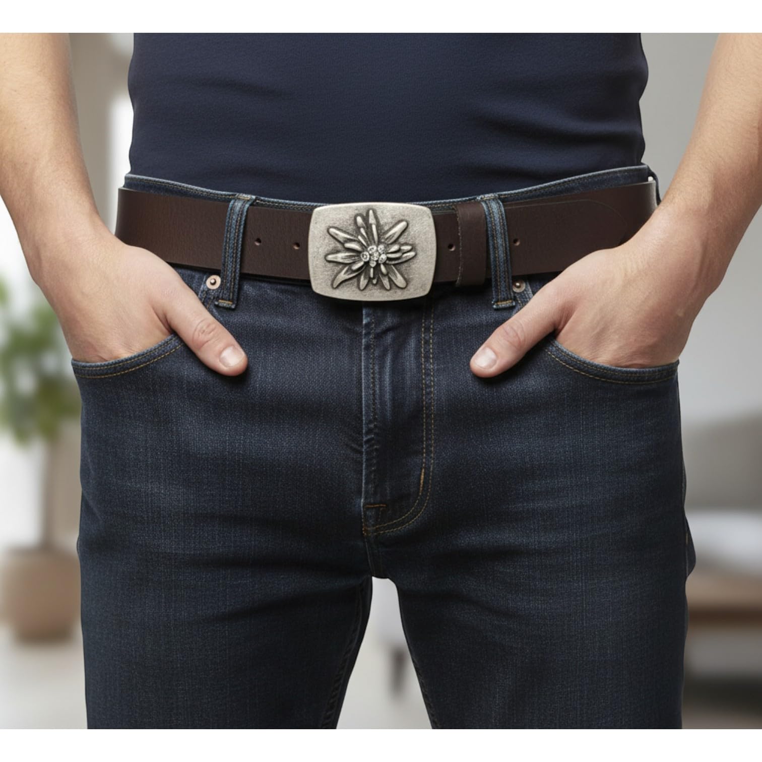 FRONHOFER Trachtengürtel Echtleder 4 cm mit Edelweiß Gürtelschnalle 7 x 5 cm für Damen und Herren Trachten Outfit Landhausmode