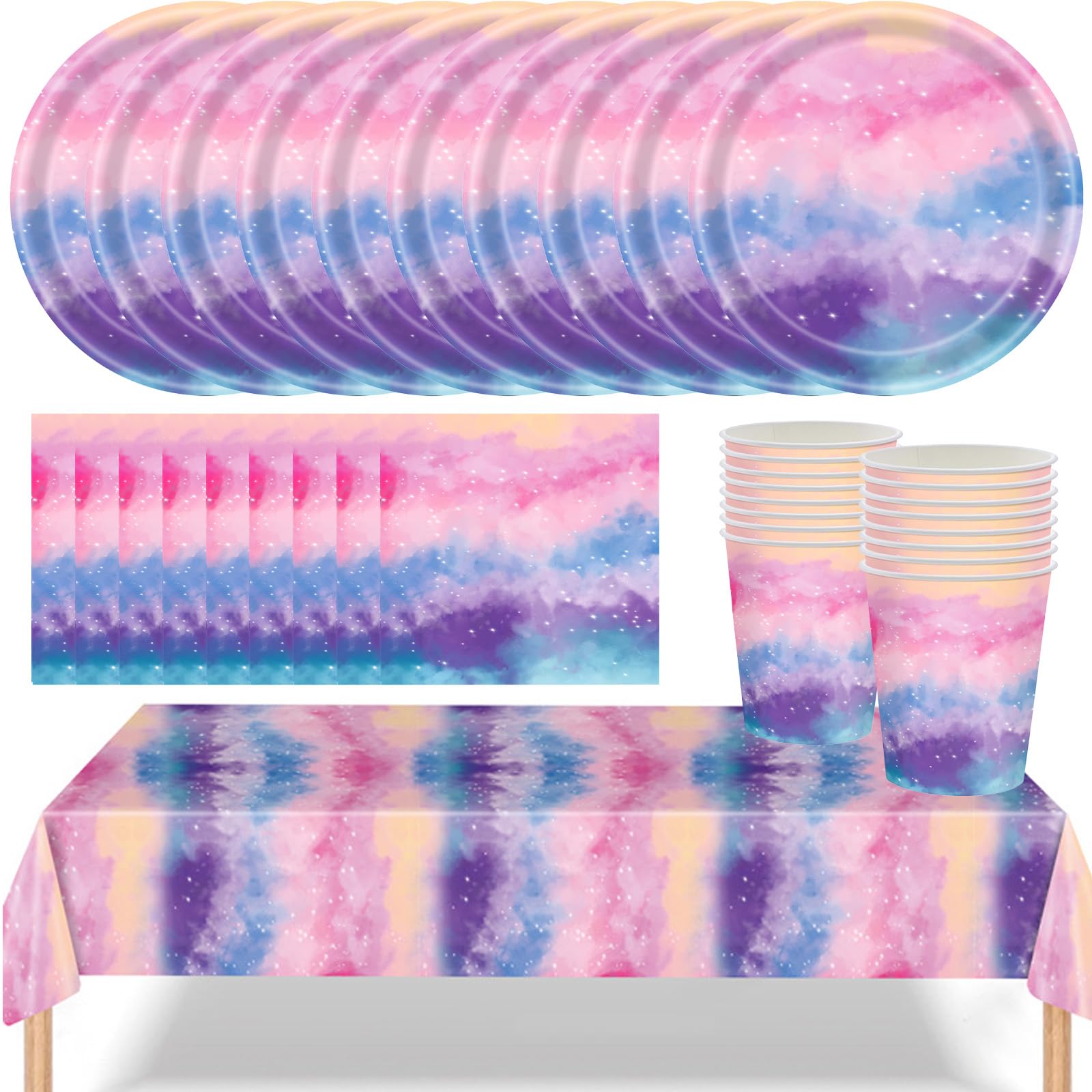 MOMAHUA 53Piece Pastel Party Tableware Set,Rainbow Birthday Party Decorations Complete Party Supplies for 16 Guests with Matching Tablecloth,Plates,Cups&Napkins