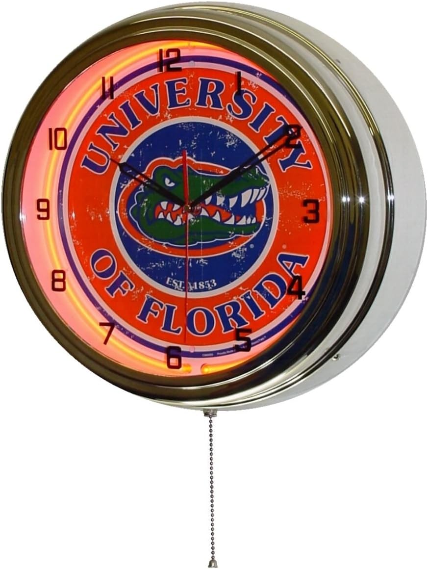 University of Florida Logo Sign Neon Lighted Wall Clock Chrome Orange
