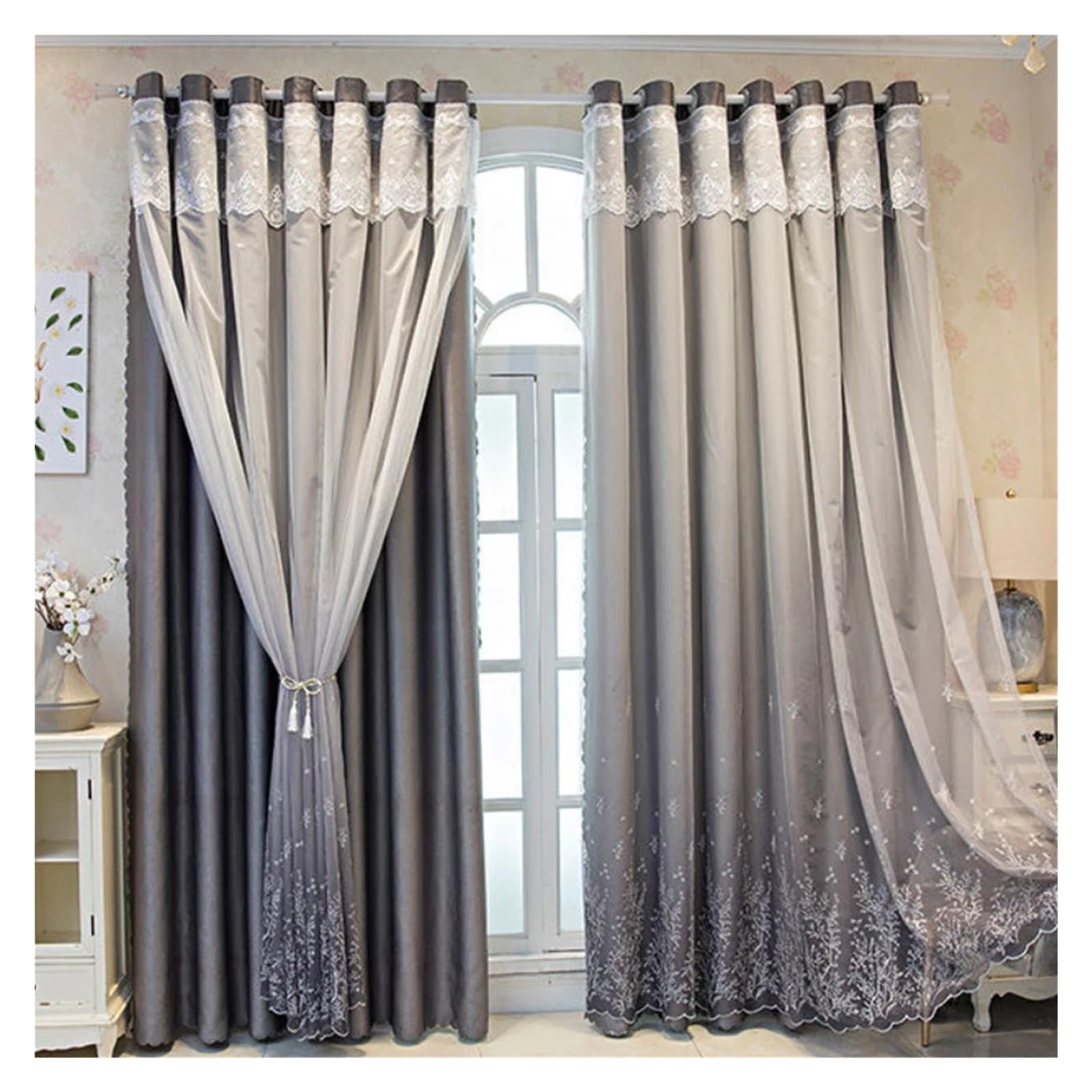 DHYUACN Living Room Curtains Silver Color Silk Embroidered Blackout Curtains, Double Layer Lace Window Drapes for Living Room & Balcony(Grommet,W132xH213cm)