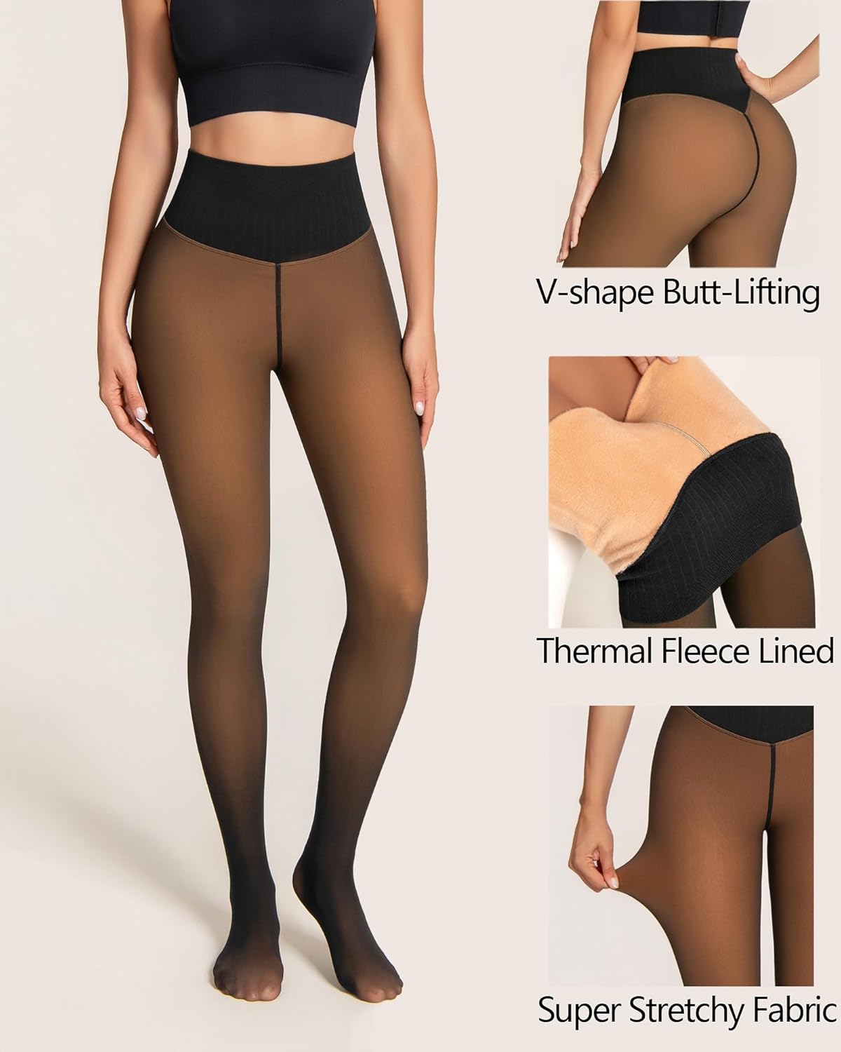 One-Seam Fleece Lined Tights for Women Fake Sheer Thermal Leggings with Tummy Control & Butt Lifting Design - Image 2