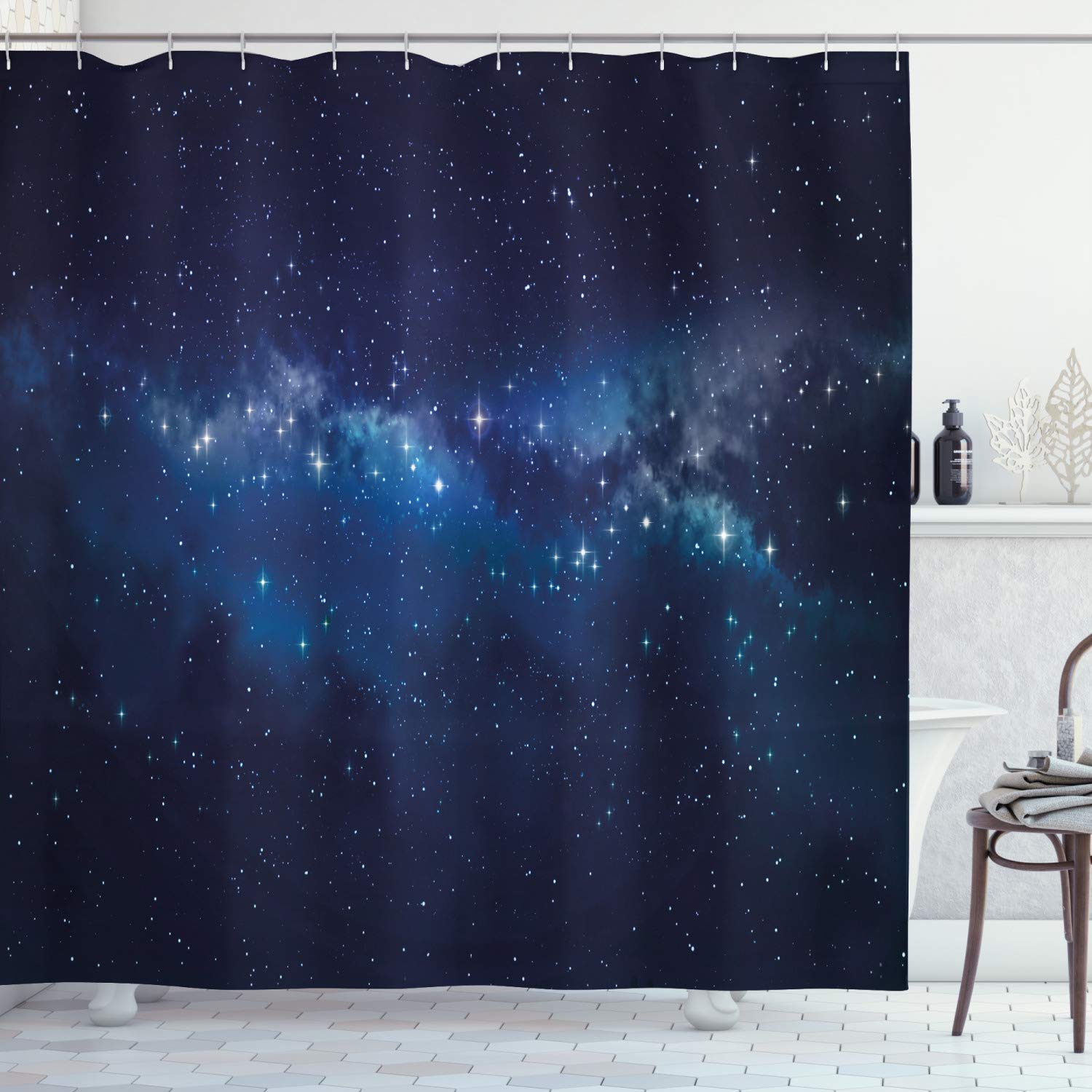 Lunarable Star Shower Curtain, Deep in The Mysterious Space Theme Dark Blue Midnight Sky Celestial Inspirational, Cloth Fabric Bathroom Decor Set with Hooks, 70" Long, Indigo Blue