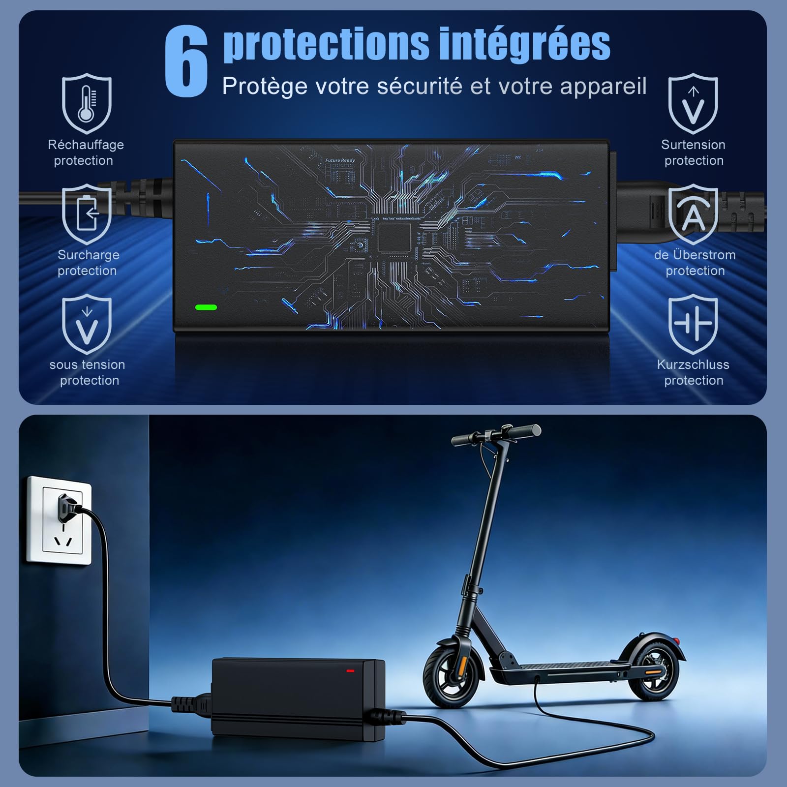 Chargeur Trottinette Électrique 42V 2A avec 6 Connecteurs, Chargeur Scooter 36V, Câble de Charge Universel Hoverboard pour Xiaomi M365/1S/Pro/Pro2, Ninebot ES1/ES2/ES3/ES4, Vélo Électrique
