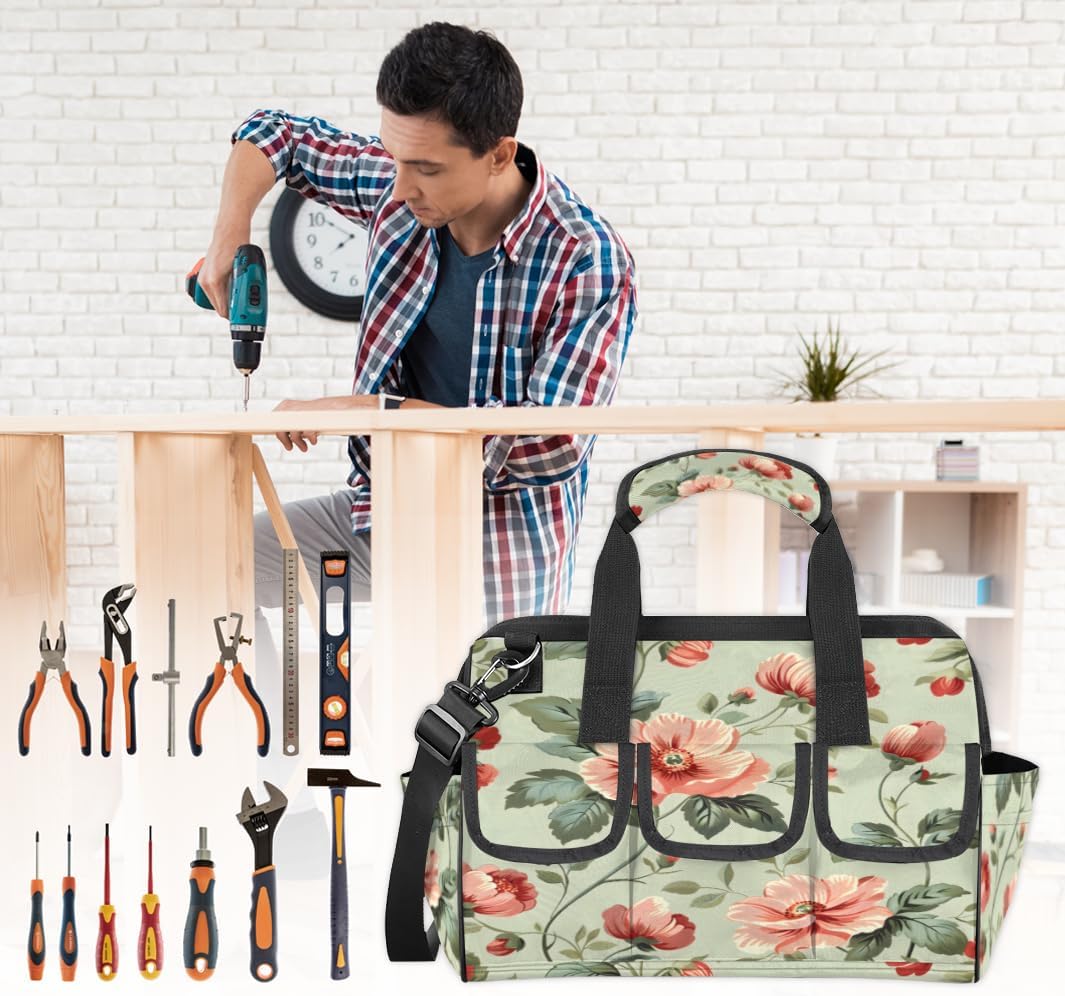 14.8-inch Watercolor Florals Painting tool bag - waterproof, multifunctional, 16+pocket design, adjustable shoulder strap, suitable for woodworking, construction, gardening, travel, etc