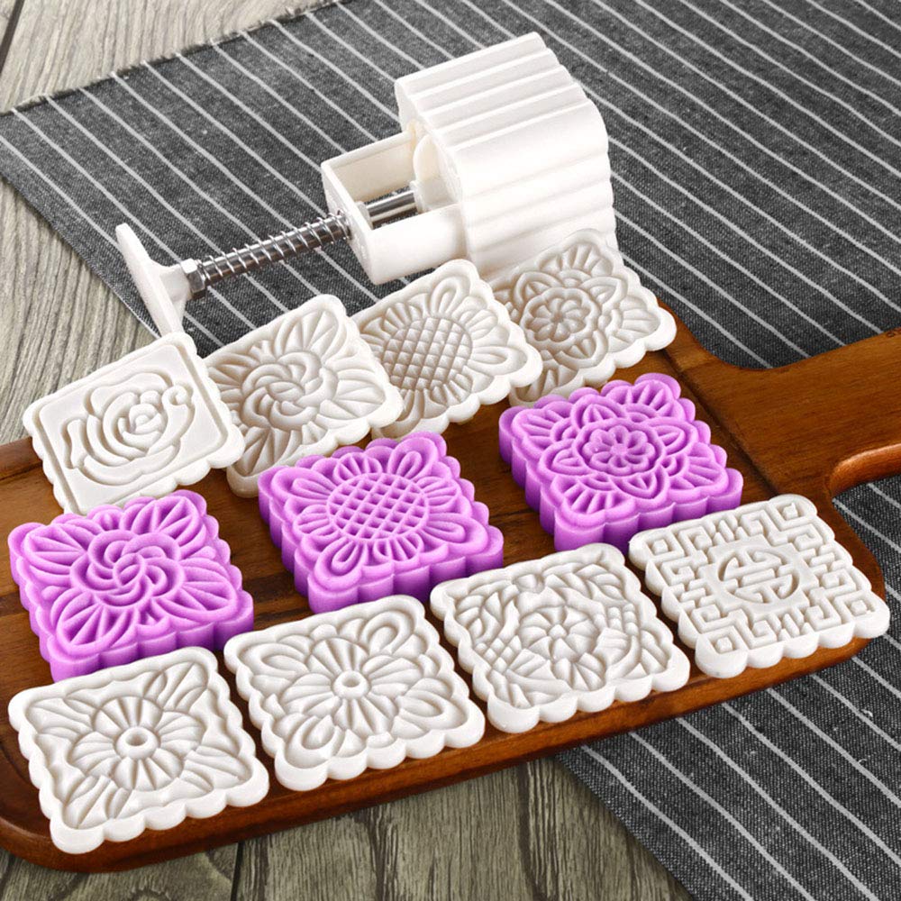 9Pcs/set Flower Mooncake Mold Square Cake Plungers Set 100 Grams Kitchen Bakeware Hand Press Cake Mould Traditional Festival Hand Pressure Moon Cake Mold Cookie Cutter Pastry Baking Decoration Tools
