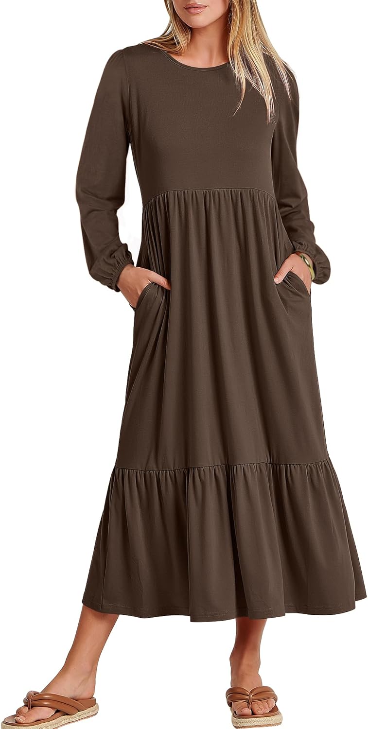 ANRABESS Women’s Casual Long Sleeve Midi Dress 2025 Spring Crewneck A Line Tiered Flowy Loose Trendy Dresses with Pockets