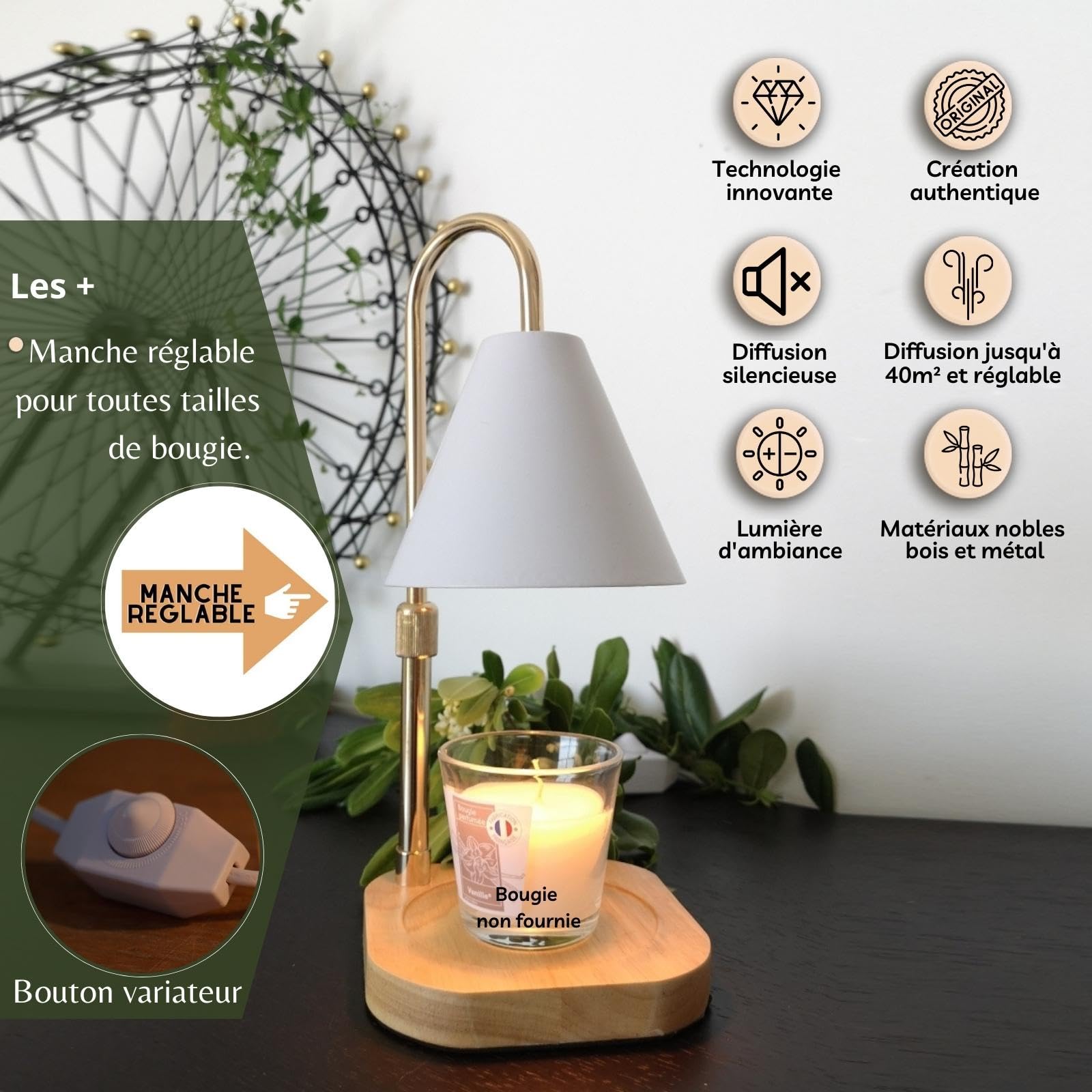 Zen AROMAT Zen'Aromat nagrzewa się Candelia-palnik elektryczny rozproszony zapach bez płomienia i dymu - wydłuża czas świec, wbudowany ściemniacz - regulowana wysokość, biały