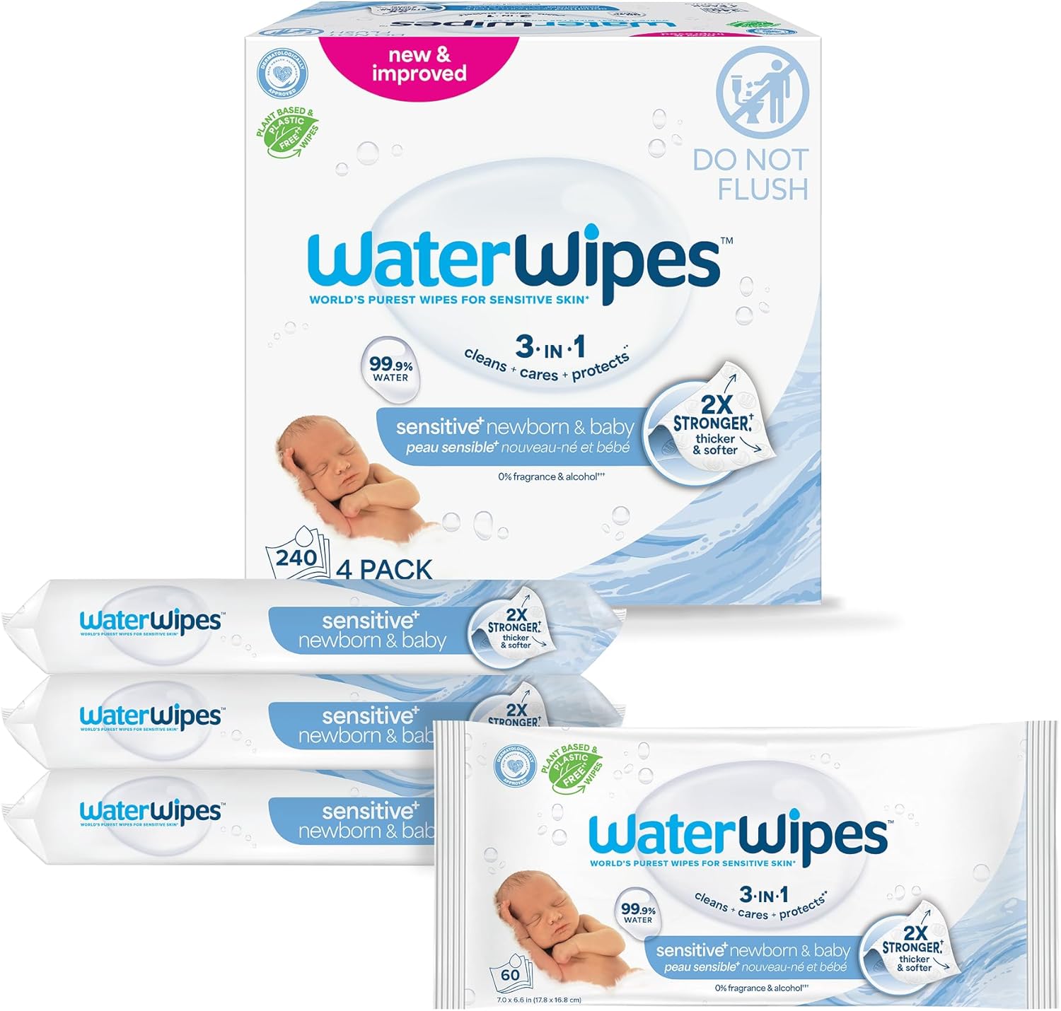 WaterWipes Plastic-Free Original Baby Wipes  99.9% Water Based Wipes  Unscented & Hypoallergenic for Sensitive Skin  240 Count (4 packs)  Packaging May Vary