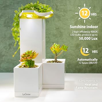 LeGrow Indoor Planter with LED Grow Light, Automatic 12 Hours Timer, 7 Days Watering-Free, 2 Self Watering Pots for Small Plants, Home Decor & Office Desktop, White