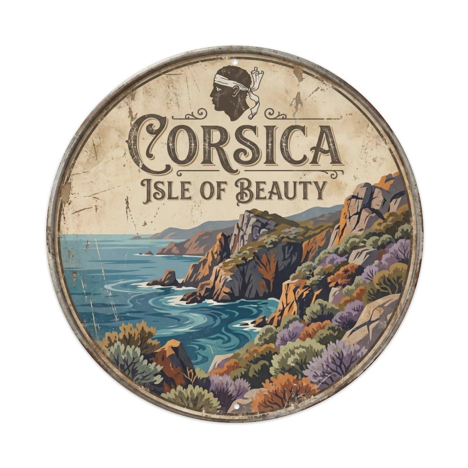 Vintage Travel Corsica France Cliffs Metal Tin Sign Plaque Wall Decor for Cafe, Club Bar, Office, Home Garden Round Metal Poster 8x8Inch